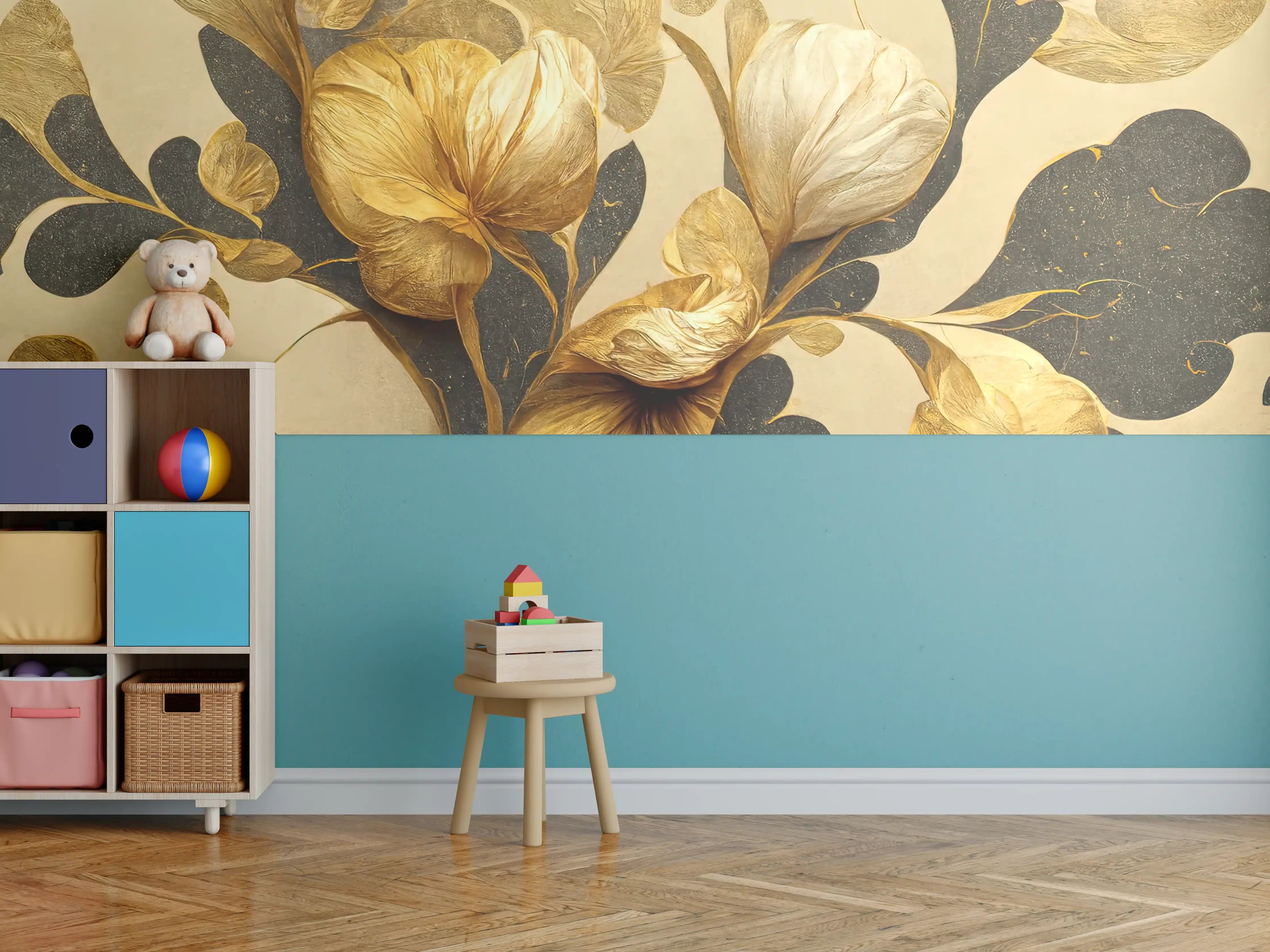 Kinderzimmer Wandgestaltung - Silberne Blüten auf dunklem Grau