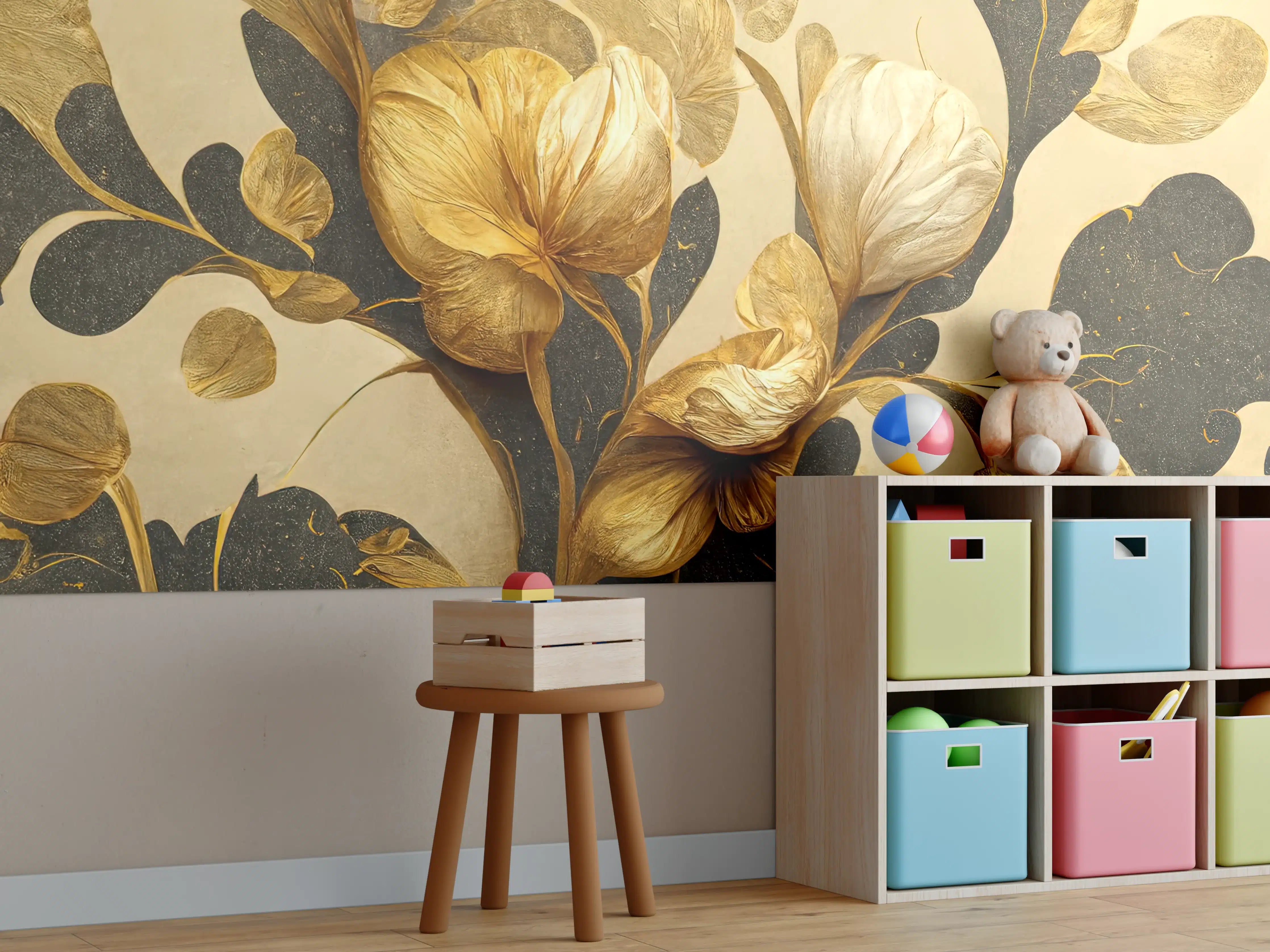 Kinderzimmer Wandgestaltung - Silberne Blüten auf dunklem Grau