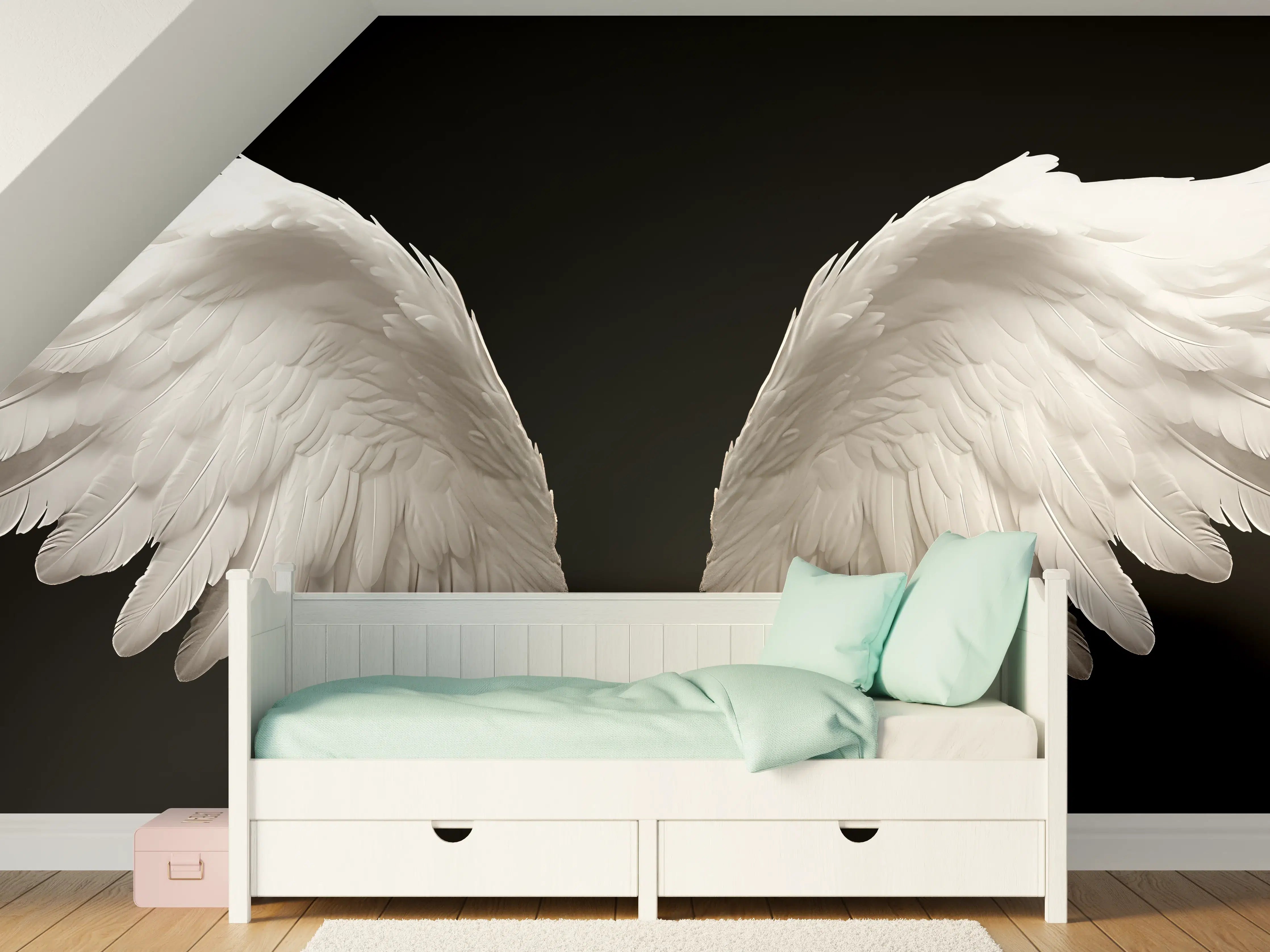 Kinderzimmer Wandgestaltung - Silberne Engelsflügel vor dunklem Grau