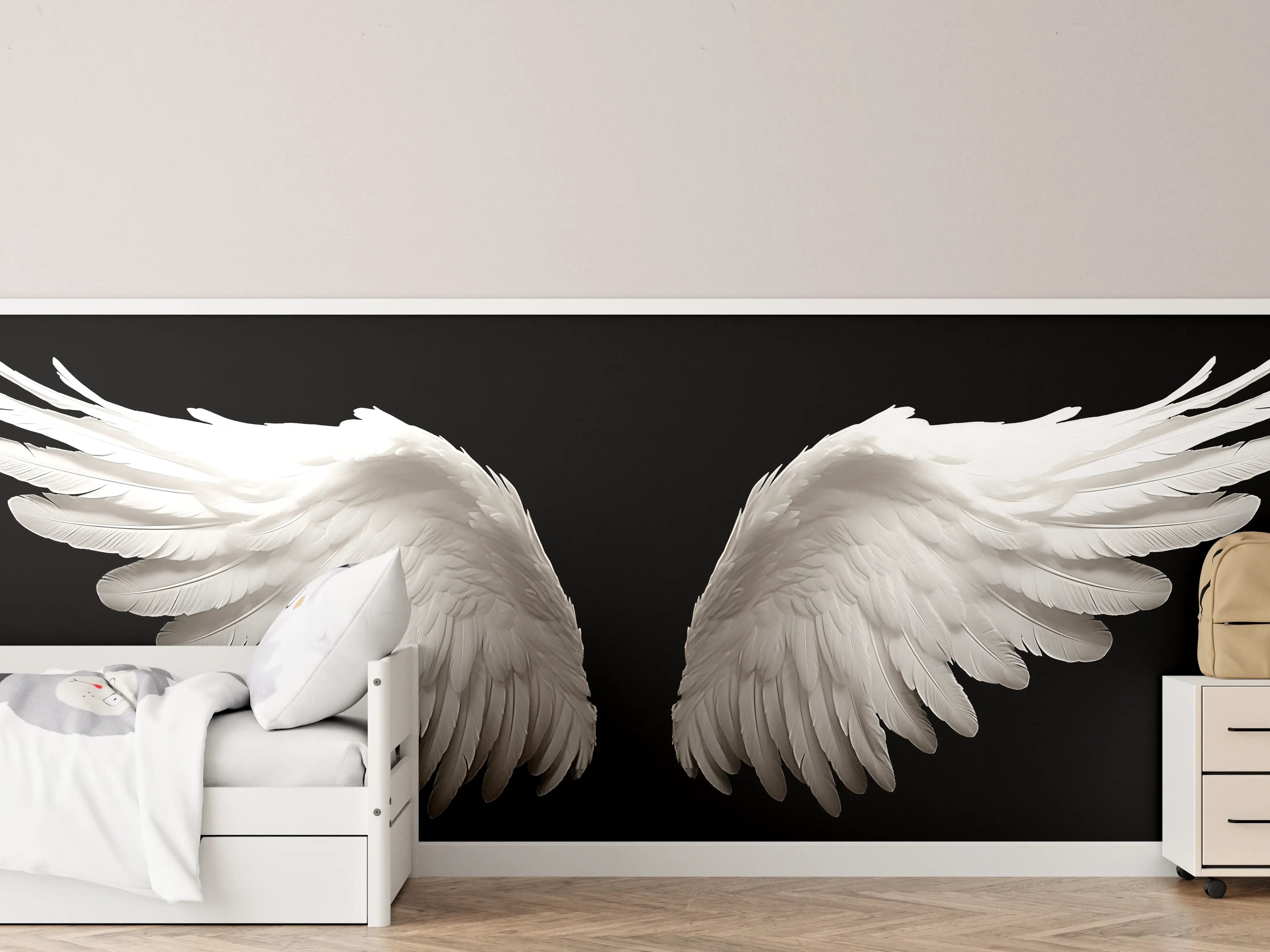 Kinderzimmer Wandgestaltung - Silberne Engelsflügel vor dunklem Grau