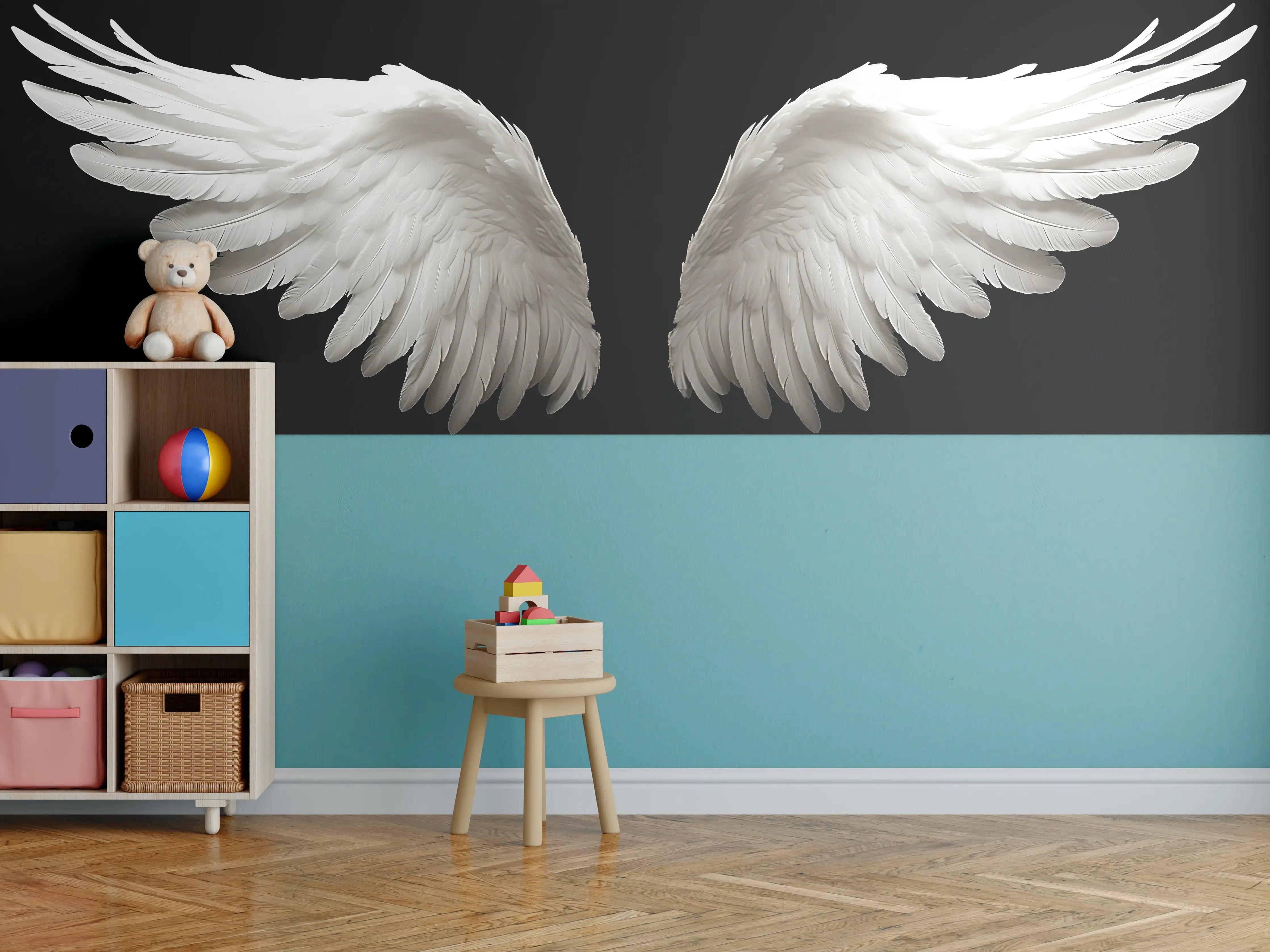 Kinderzimmer Wandgestaltung - Silberne Engelsflügel vor dunklem Grau
