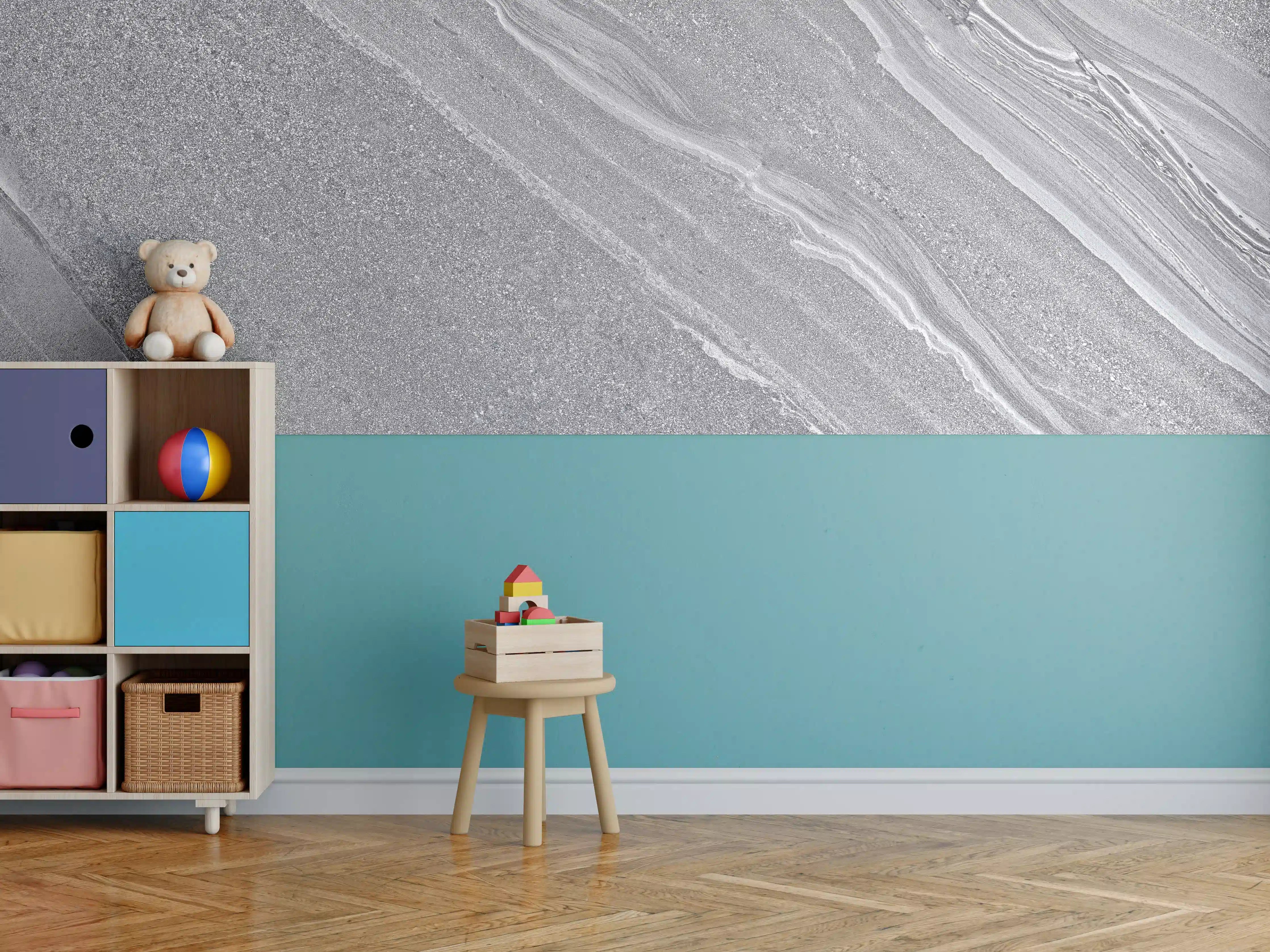 Kinderzimmer Wandgestaltung - Silberne Struktur auf weißem Beton