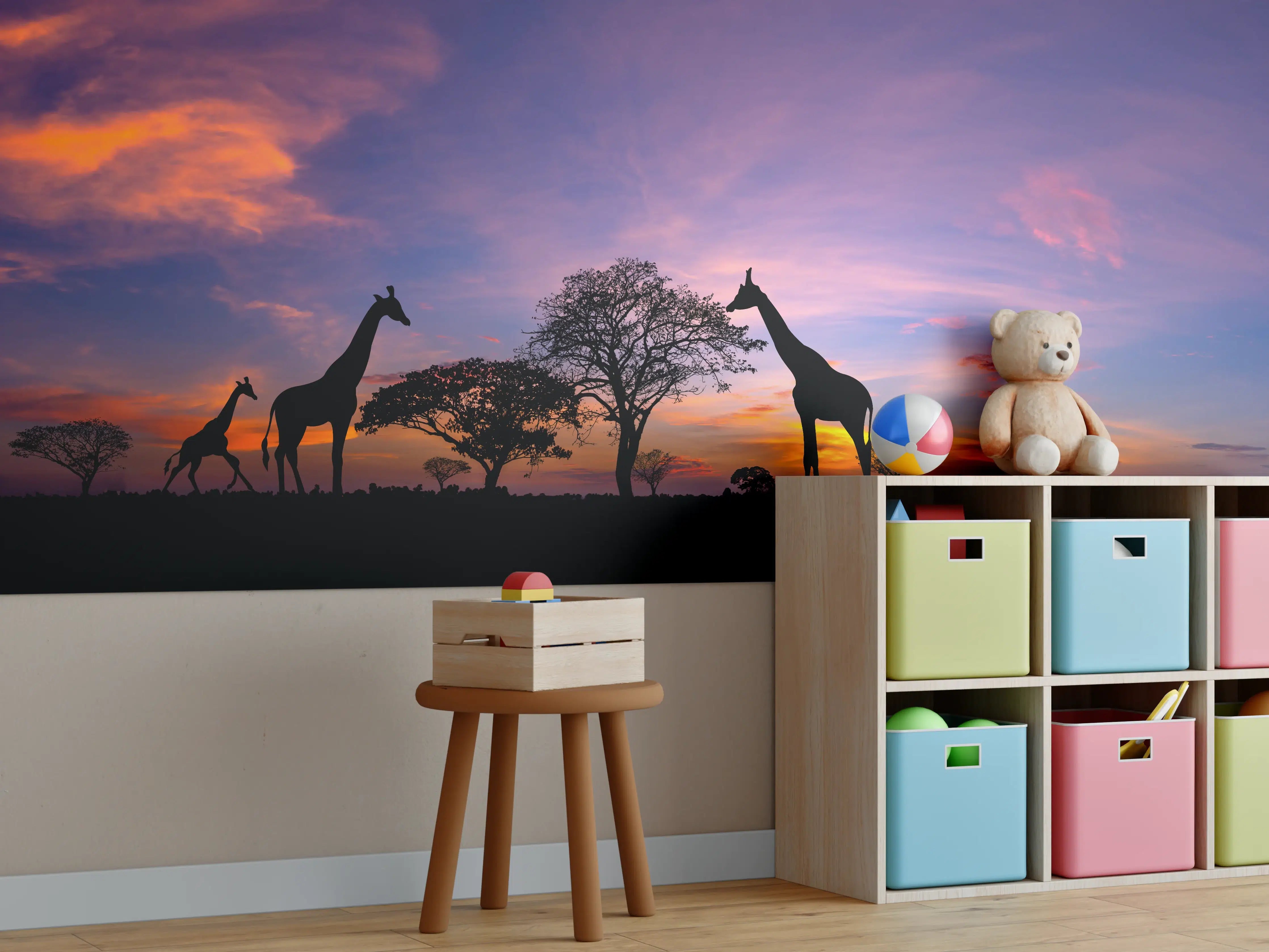 Kinderzimmer Wandgestaltung - Silhouette - Giraffenfamilie bei Sonnenuntergang