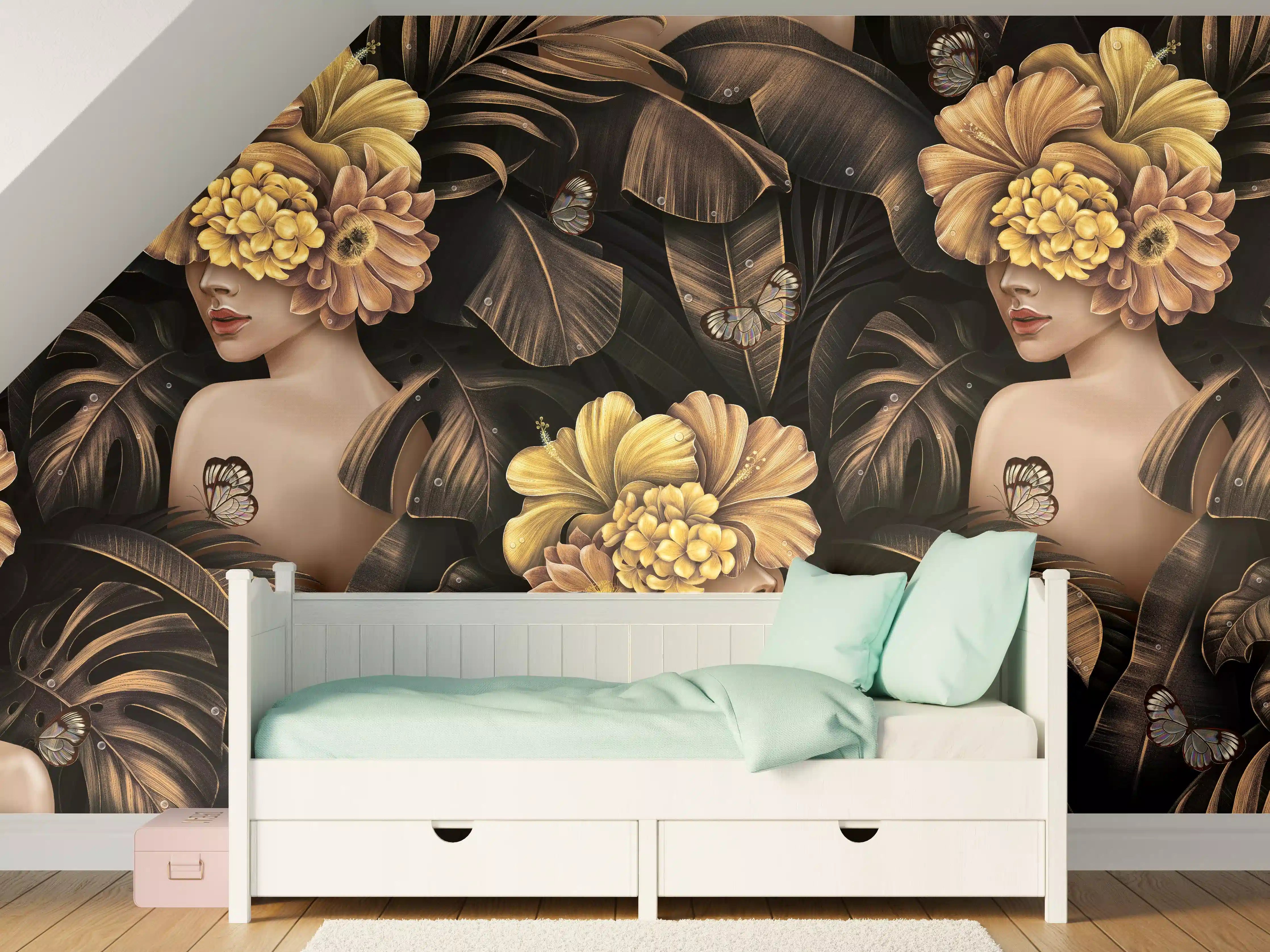 Kinderzimmer Wandgestaltung - Sinnlicher Blumen-Mix mit dunklem Hintergrund