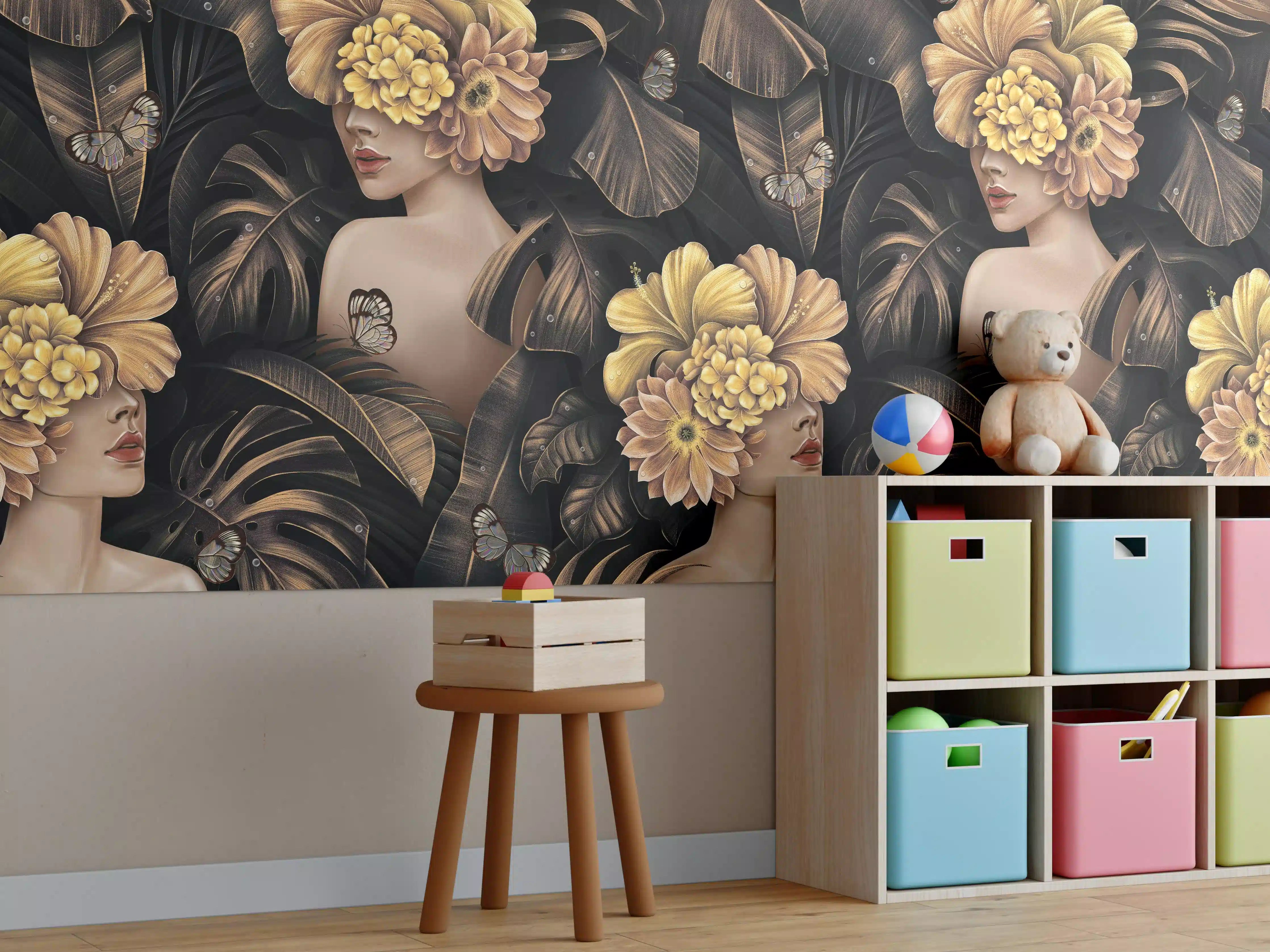 Kinderzimmer Wandgestaltung - Sinnlicher Blumen-Mix mit dunklem Hintergrund