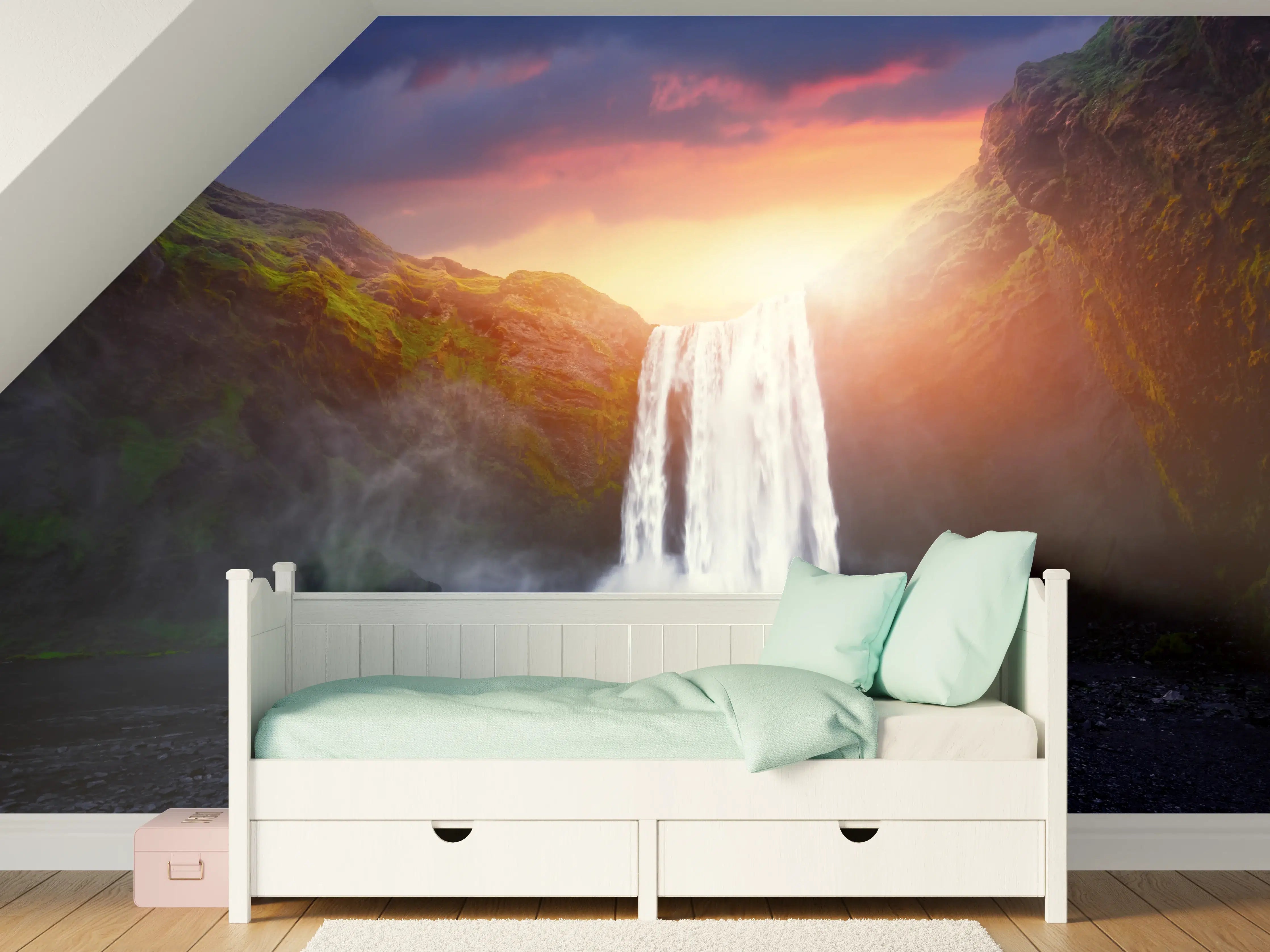 Kinderzimmer Wandgestaltung - Skogafoss Wasserfall bei Sonnenuntergang