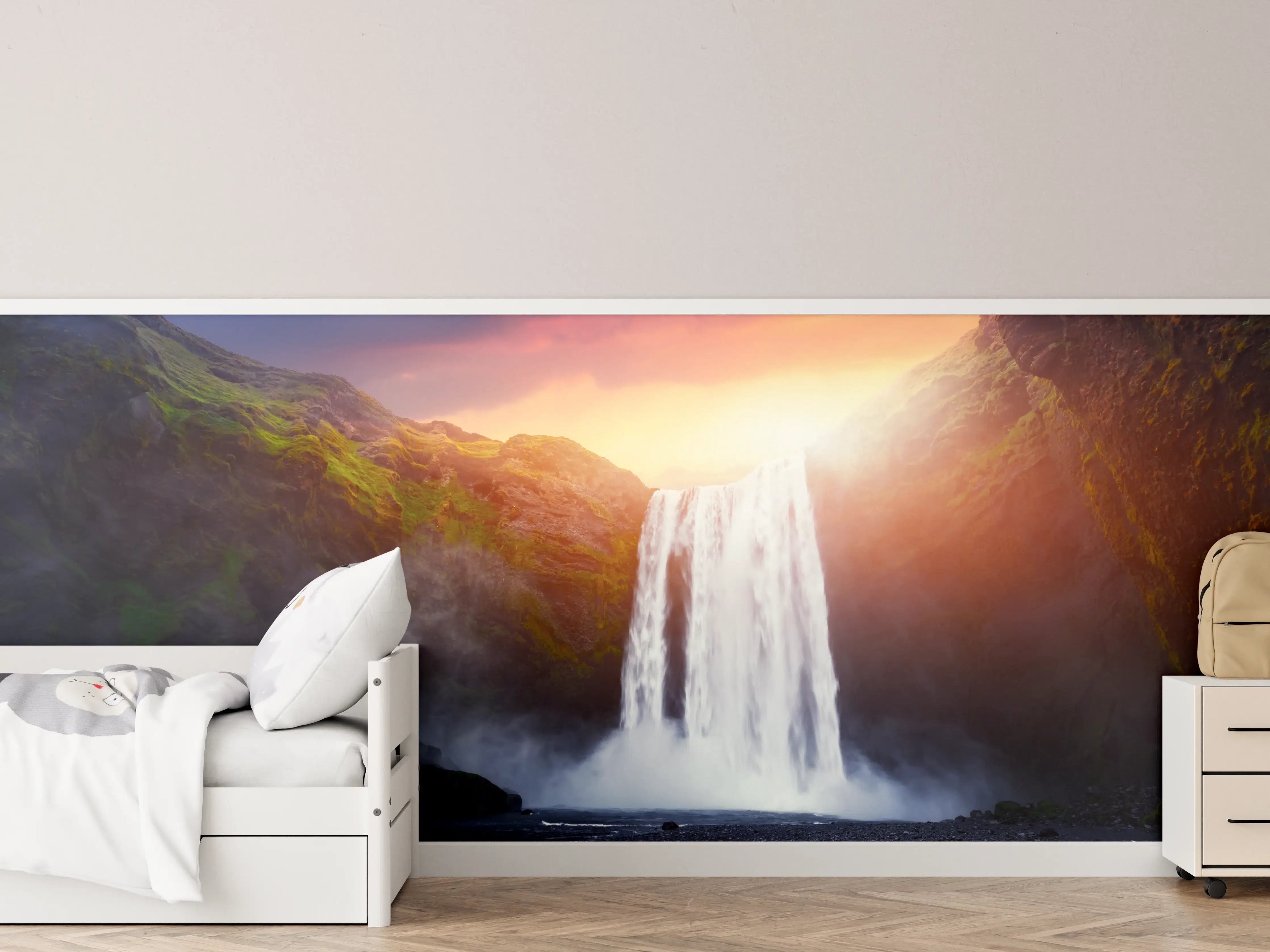 Kinderzimmer Wandgestaltung - Skogafoss Wasserfall bei Sonnenuntergang