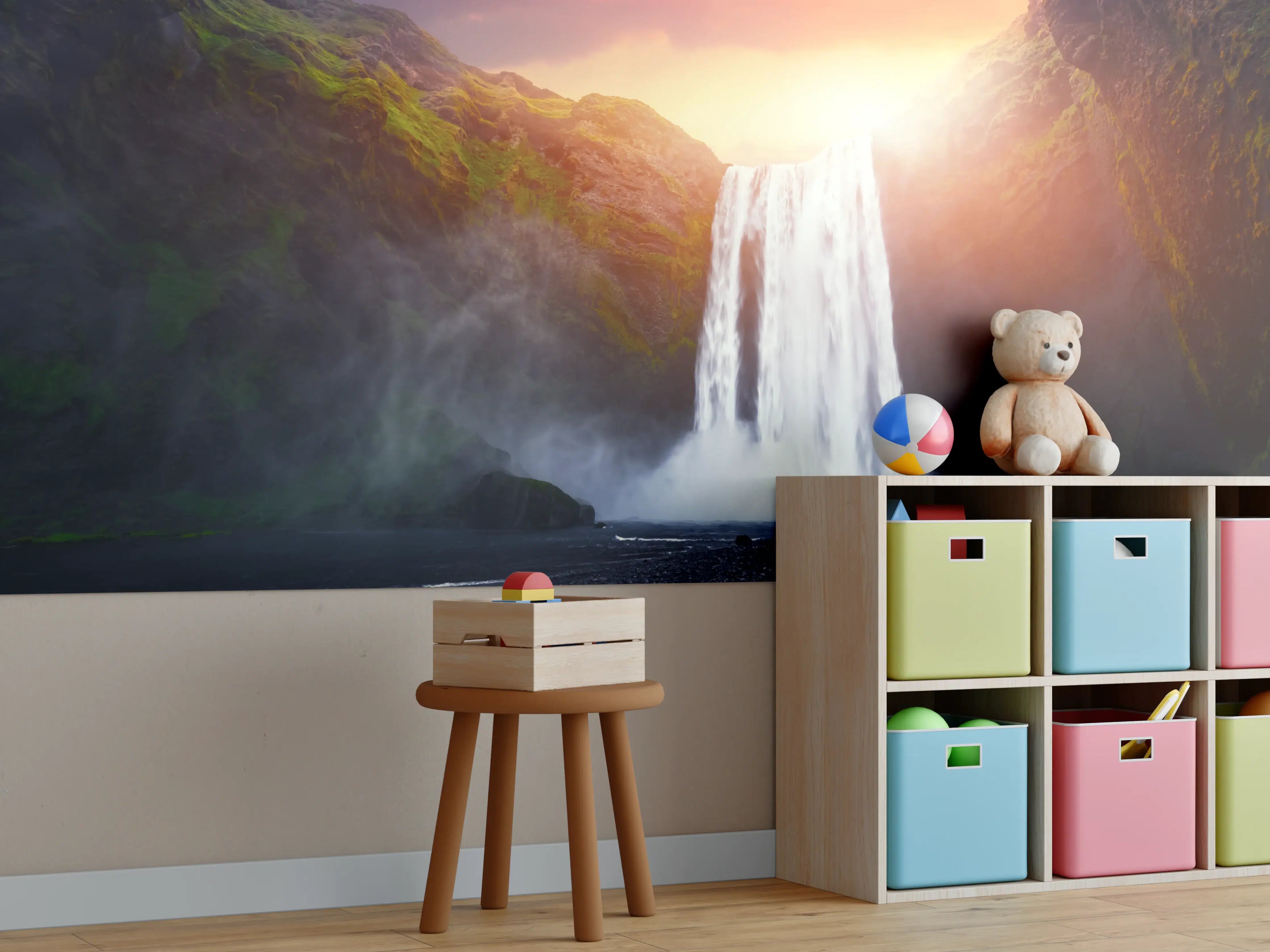 Kinderzimmer Wandgestaltung - Skogafoss Wasserfall bei Sonnenuntergang