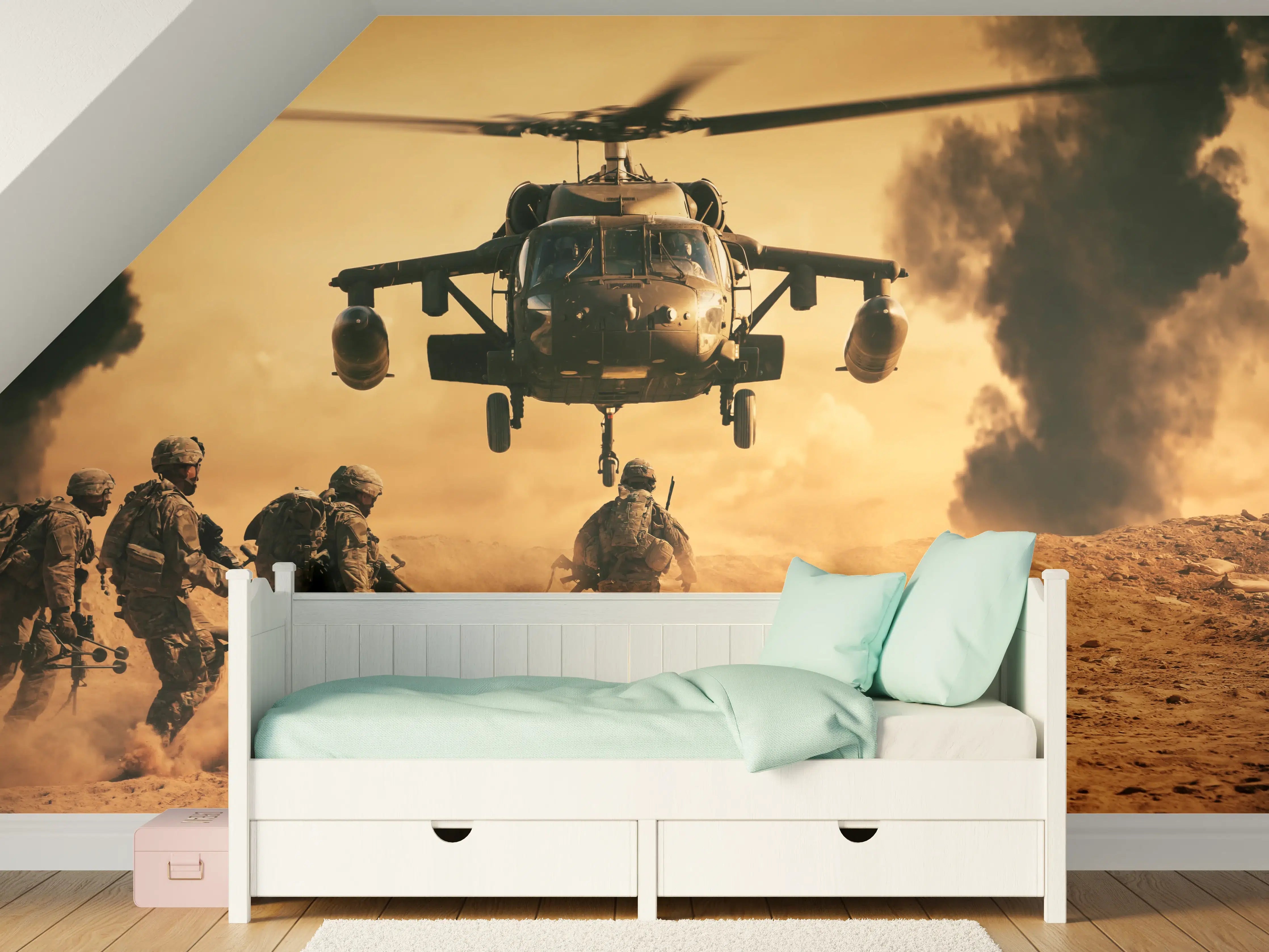Kinderzimmer Wandgestaltung - Soldaten rennen auf dem Schlachtfeld zum Hubschrauber