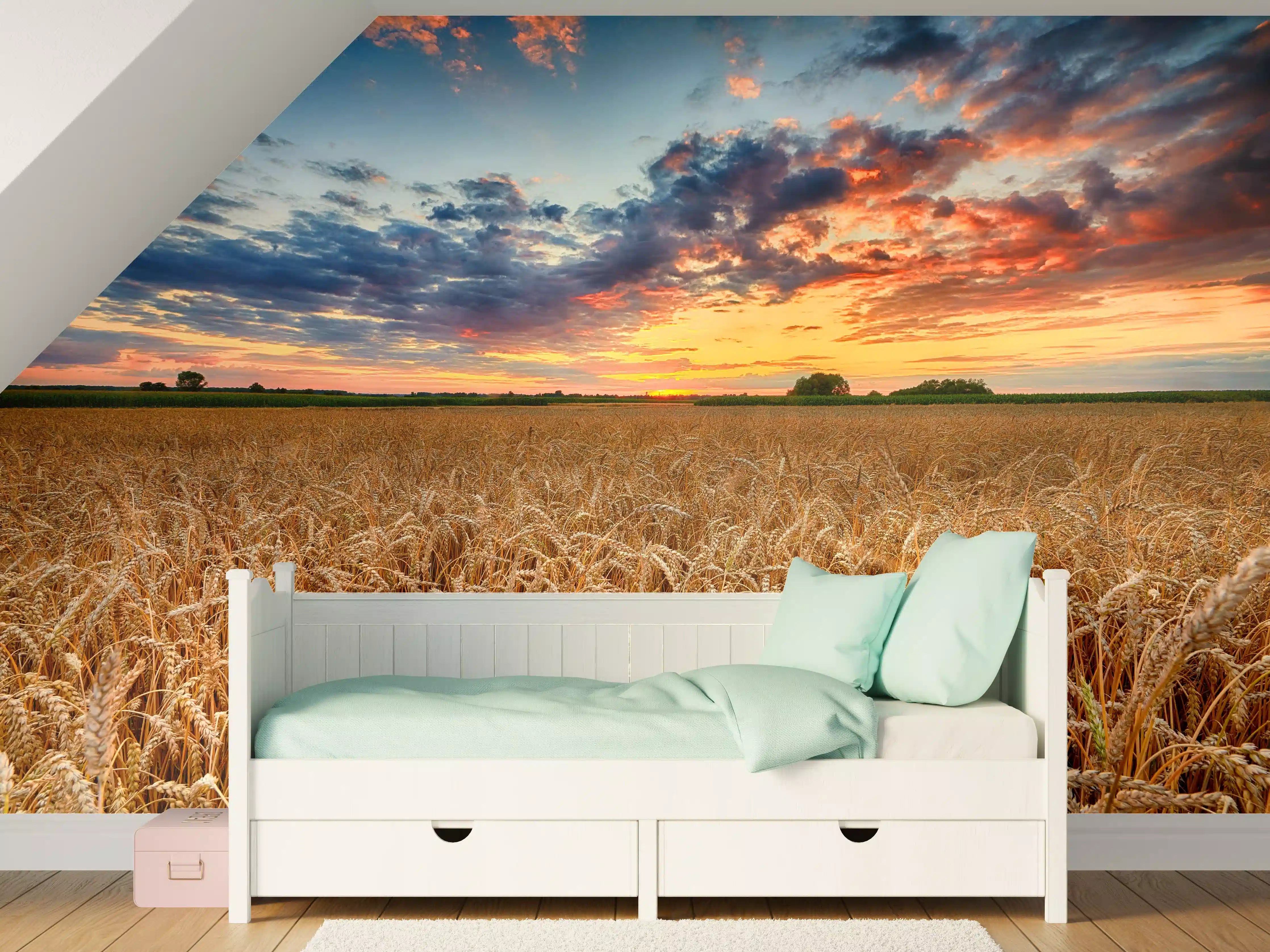 Kinderzimmer Wandgestaltung - Sommer-Sonnenaufgang über Weizenfeldern in der Ukraine