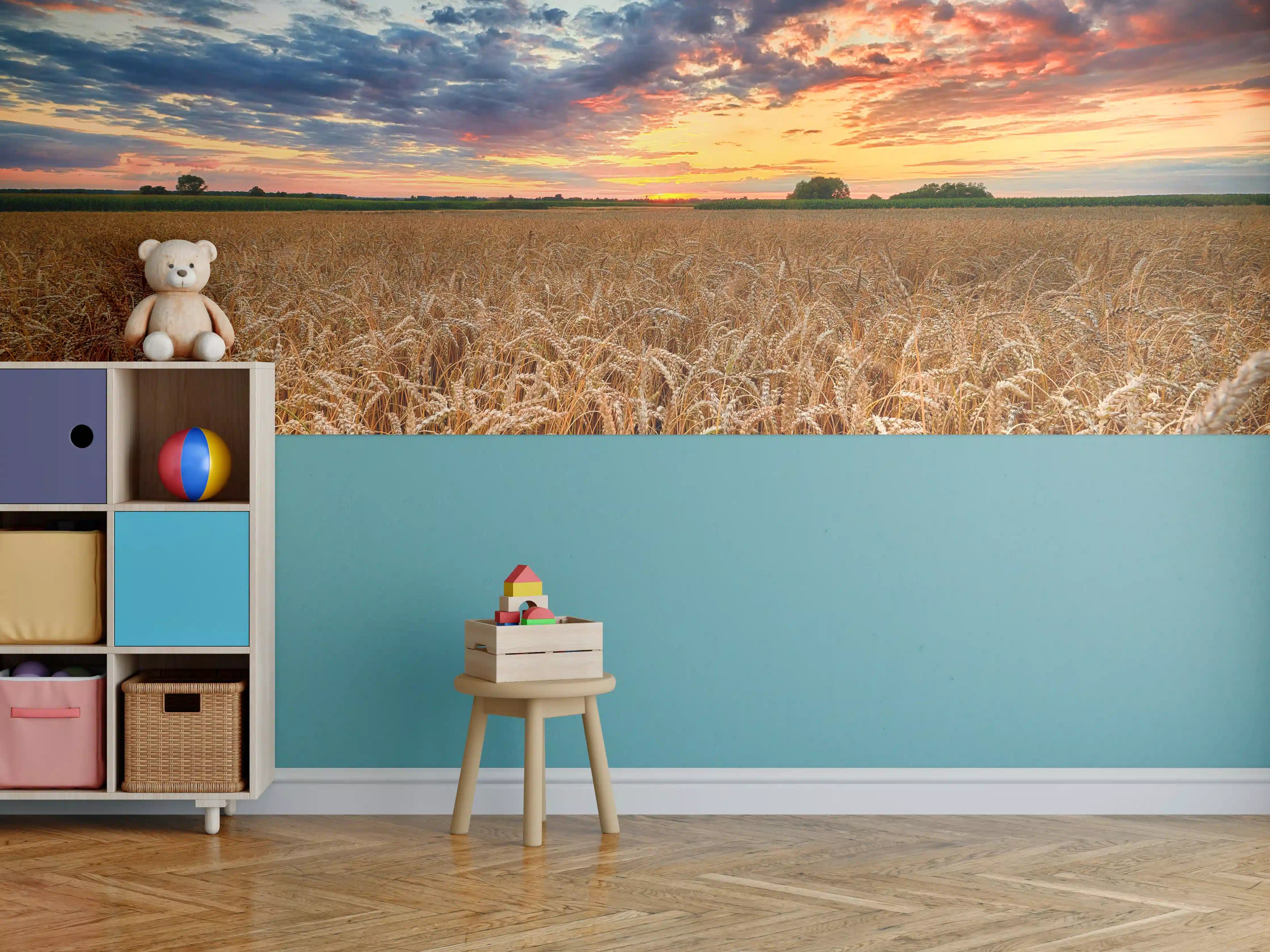 Kinderzimmer Wandgestaltung - Sommer-Sonnenaufgang über Weizenfeldern in der Ukraine