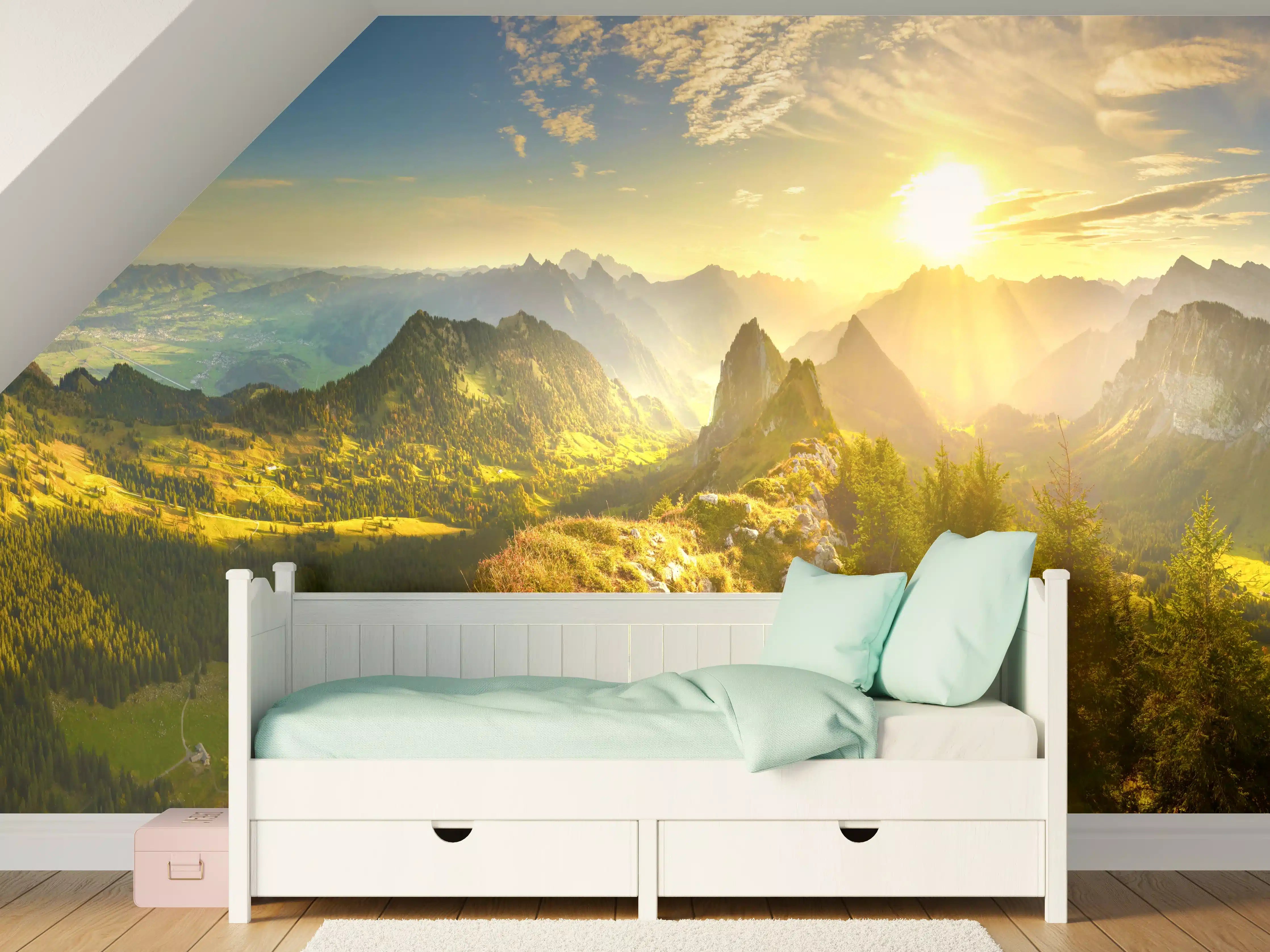 Kinderzimmer Wandgestaltung - Sonnenaufgang über Schweizer Tal
