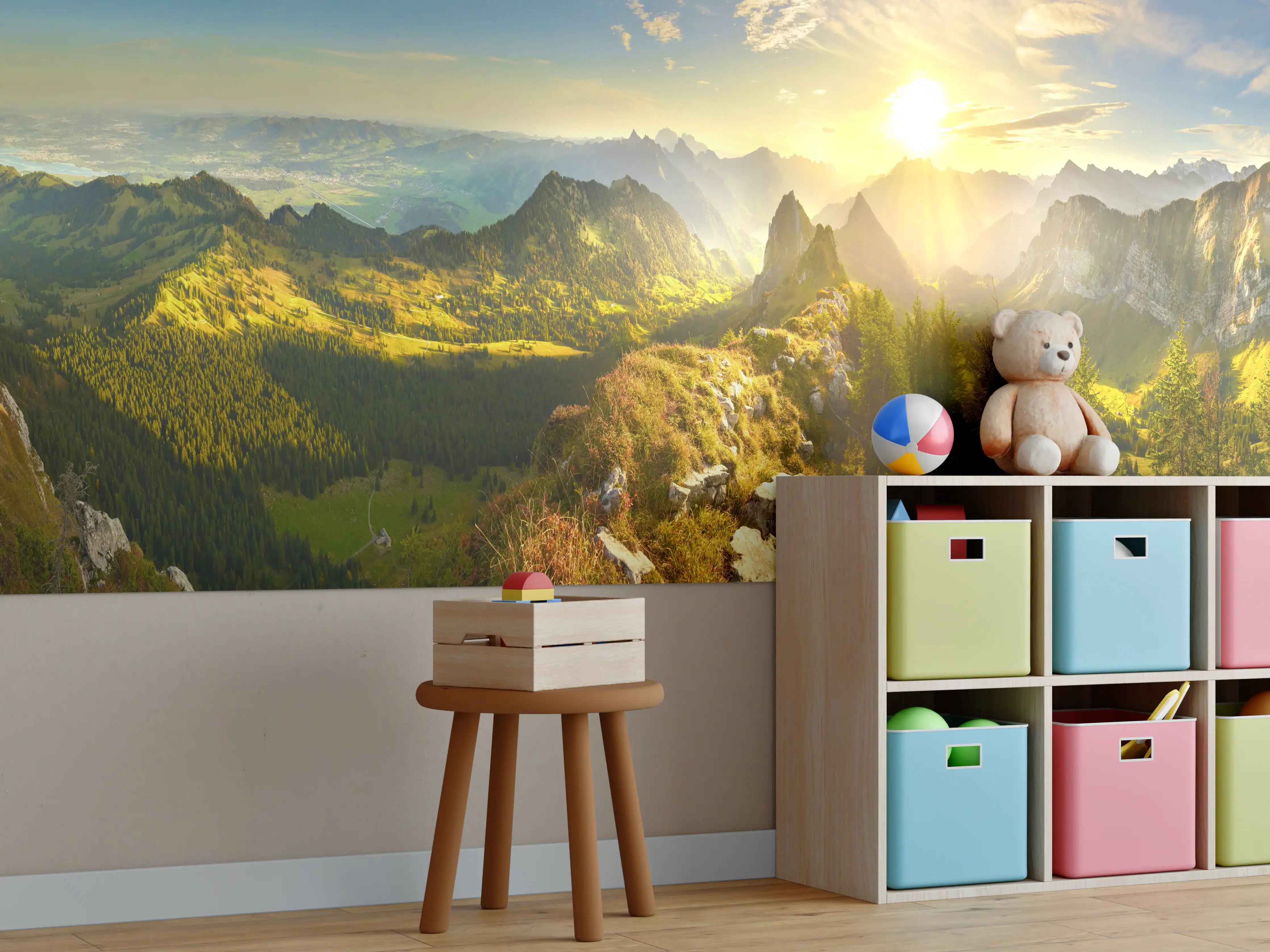 Kinderzimmer Wandgestaltung - Sonnenaufgang über Schweizer Tal