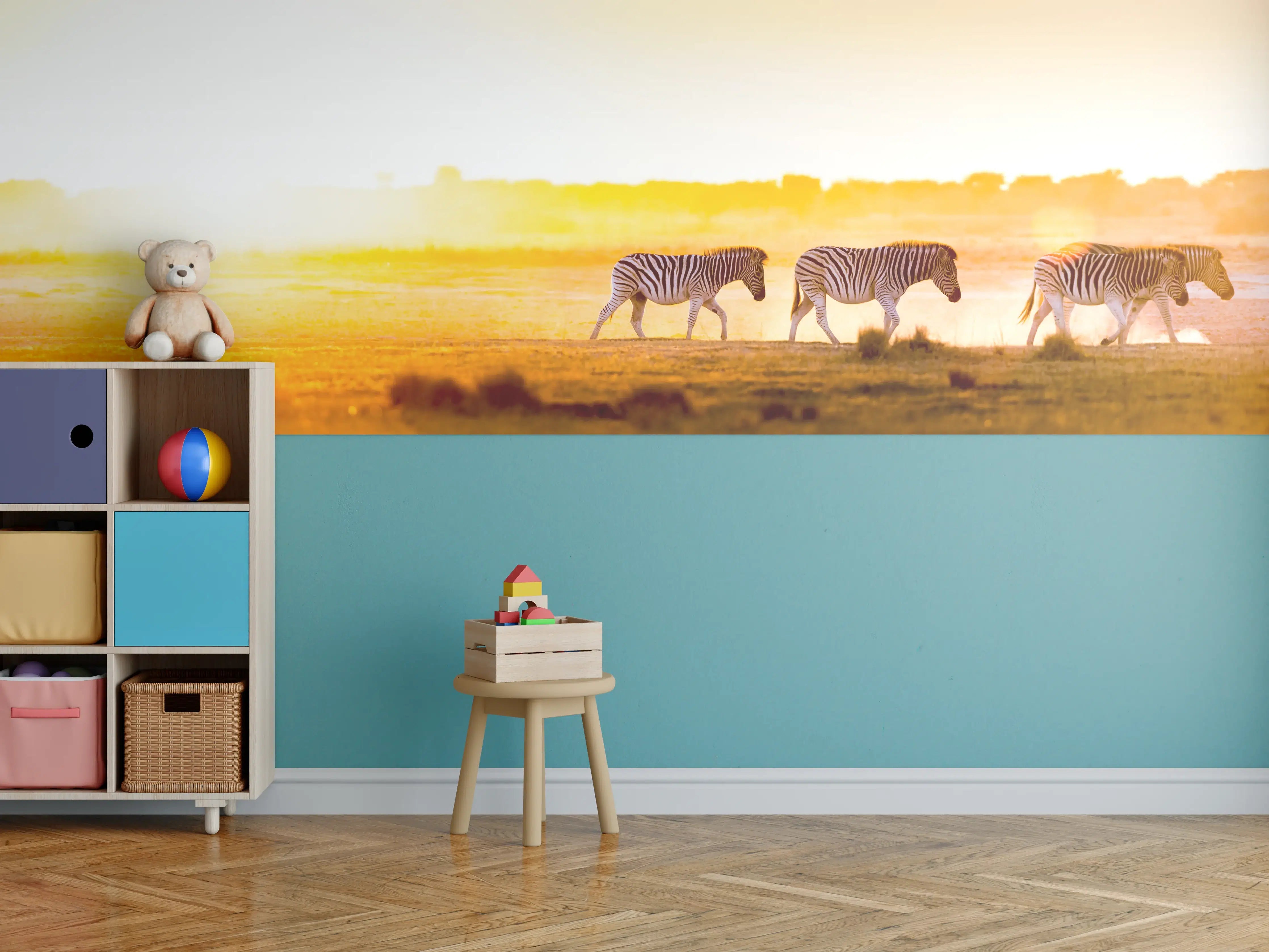 Kinderzimmer Wandgestaltung - Sonnenaufgang über der Steppe mit Zebras