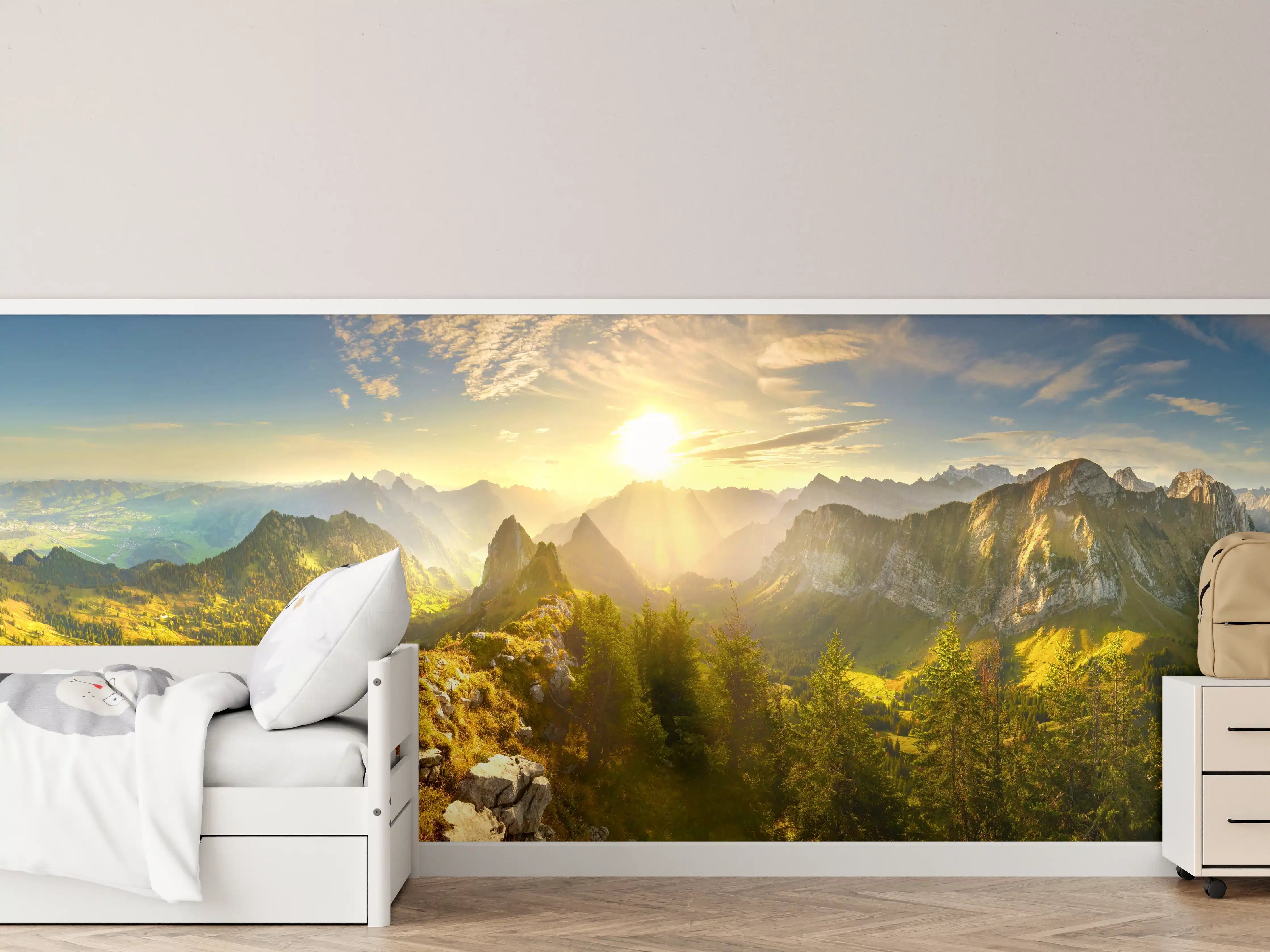 Kinderzimmer Wandgestaltung - Sonnenaugang über Schweizer Alpen