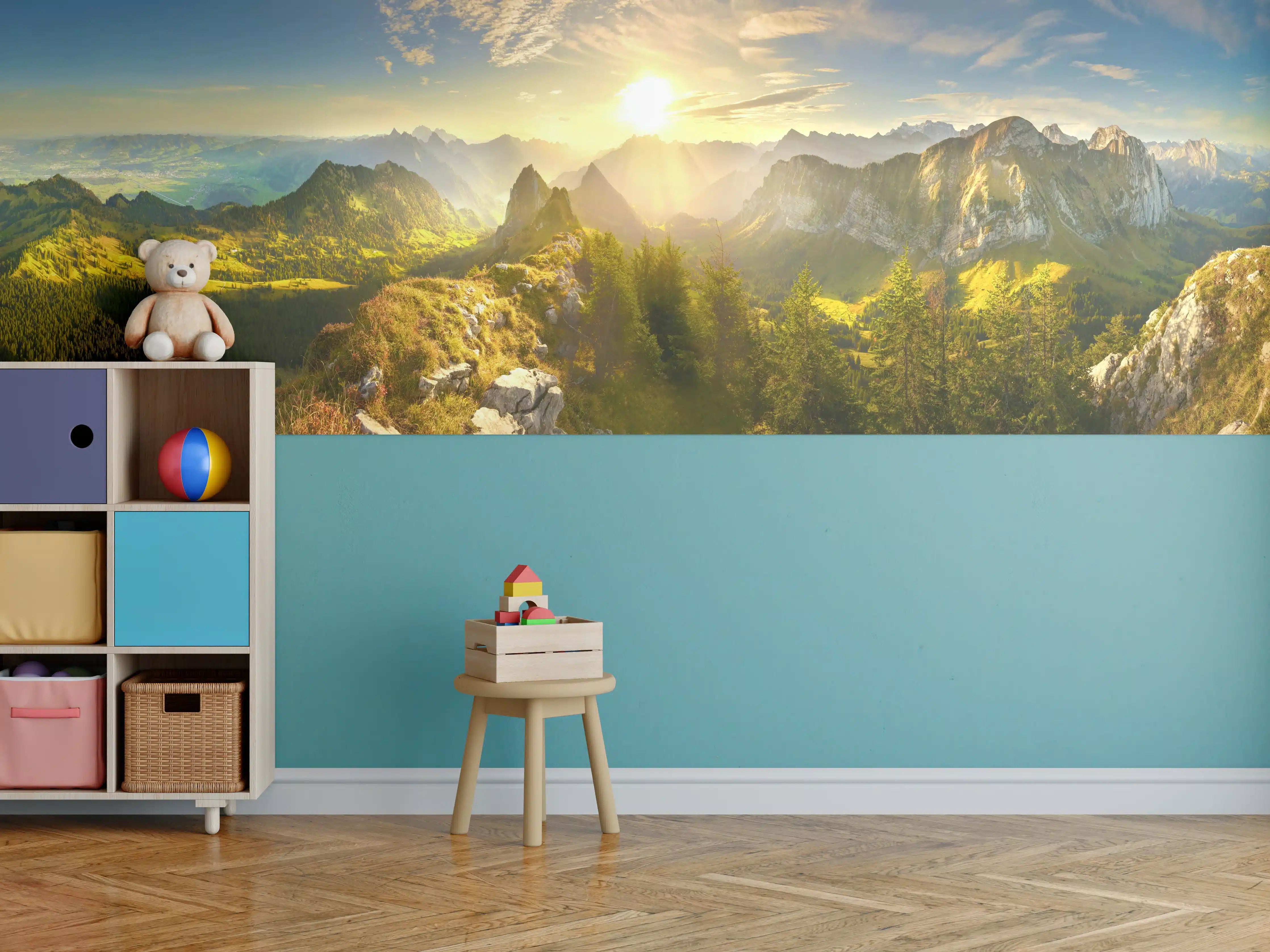 Kinderzimmer Wandgestaltung - Sonnenaugang über Schweizer Alpen