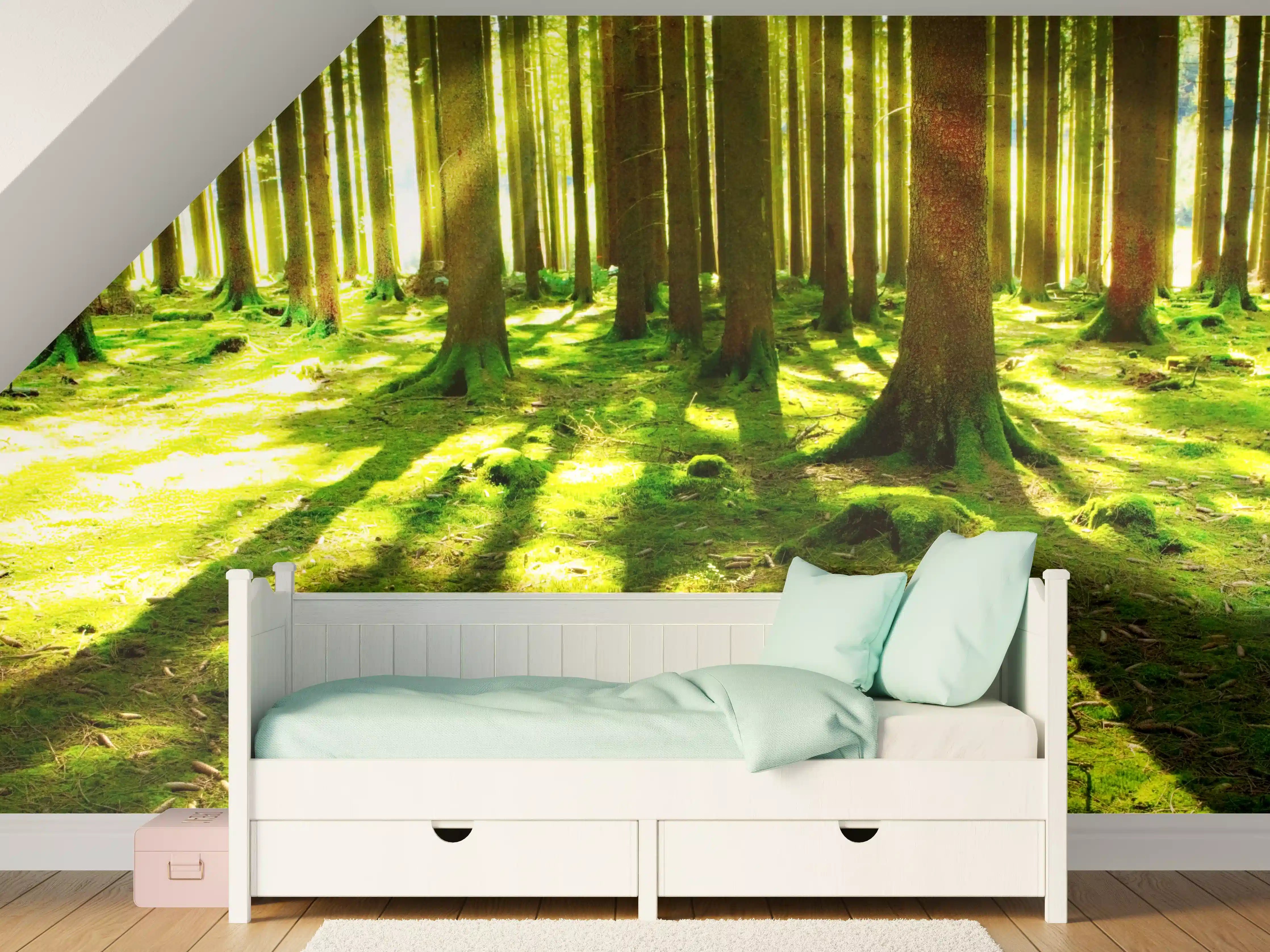 Kinderzimmer Wandgestaltung - Sonnendurchfluteter Wald mit langen Schatten