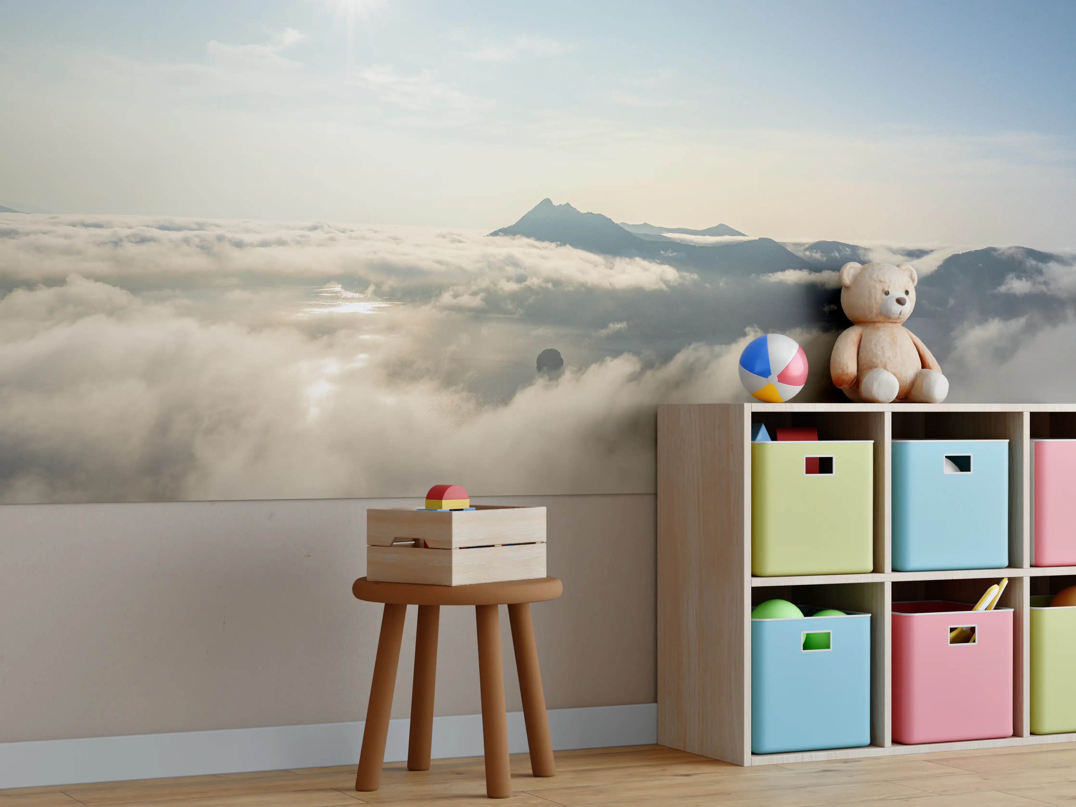 Kinderzimmer Wandgestaltung - Sonnenlicht über Wolken und Berggipfeln