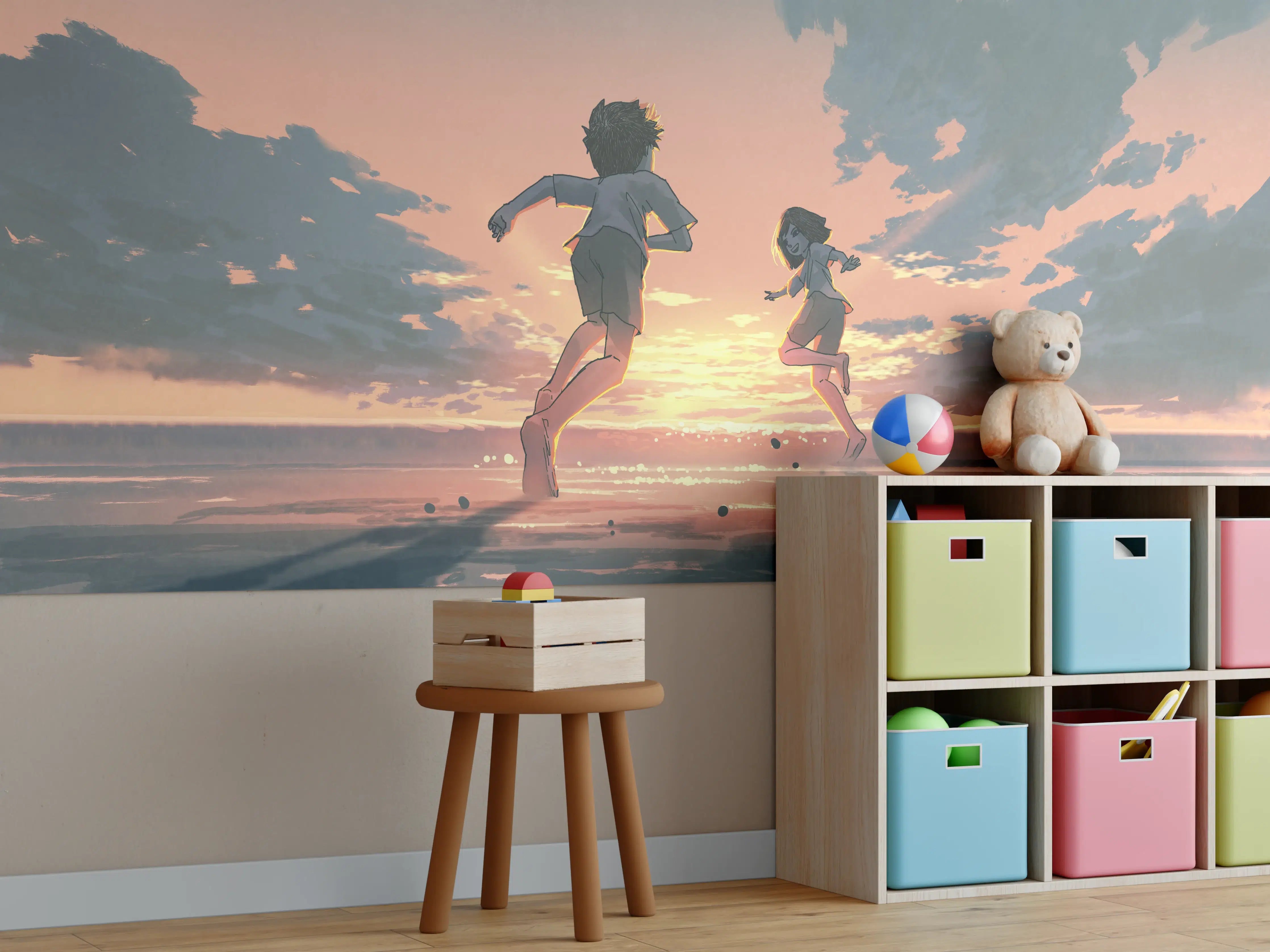 Kinderzimmer Wandgestaltung - Sonnenuntergang Kinder Silhouetten