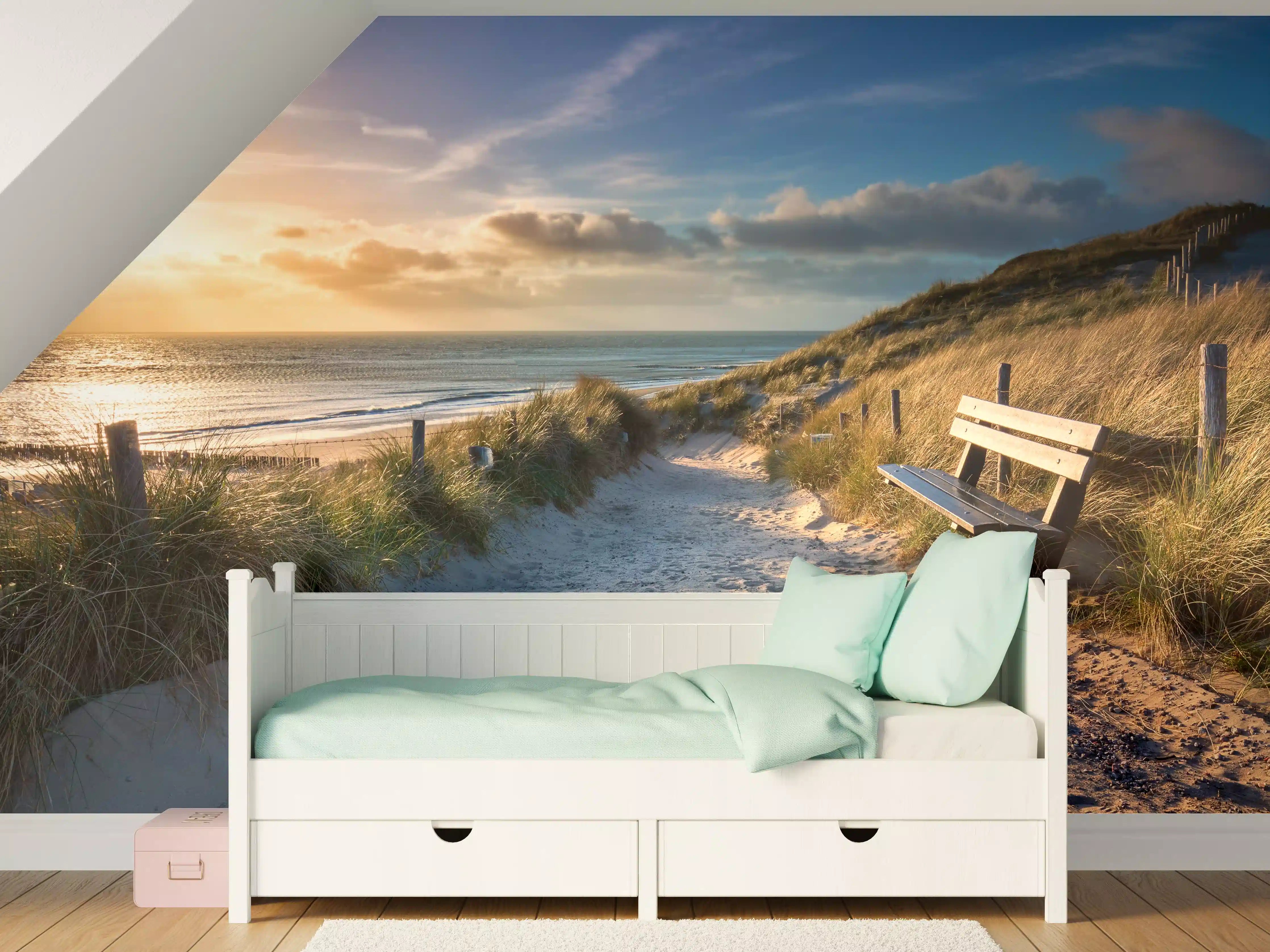 Kinderzimmer Wandgestaltung - Sonnenuntergang am Strand mit Sandweg