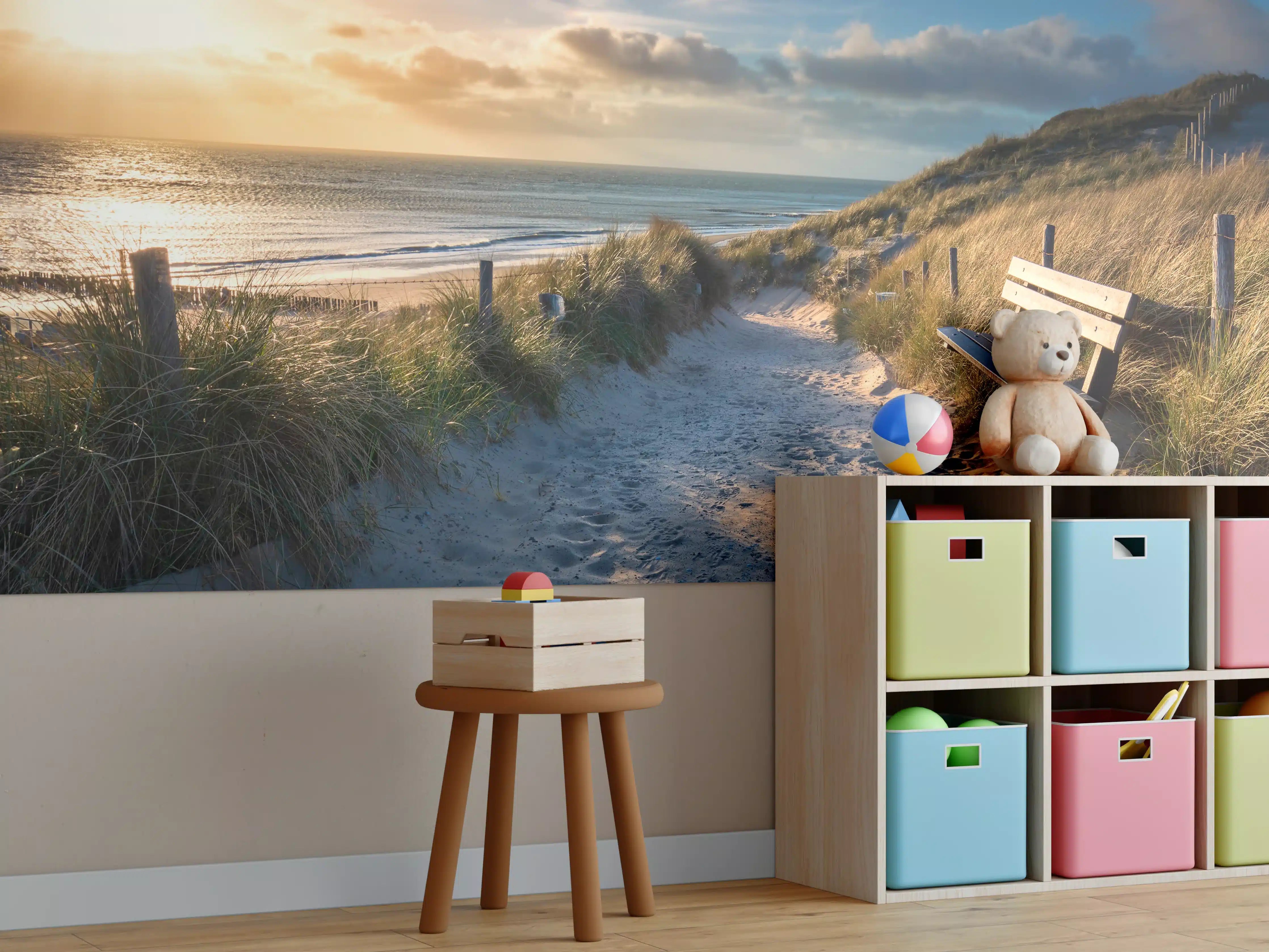 Kinderzimmer Wandgestaltung - Sonnenuntergang am Strand mit Sandweg