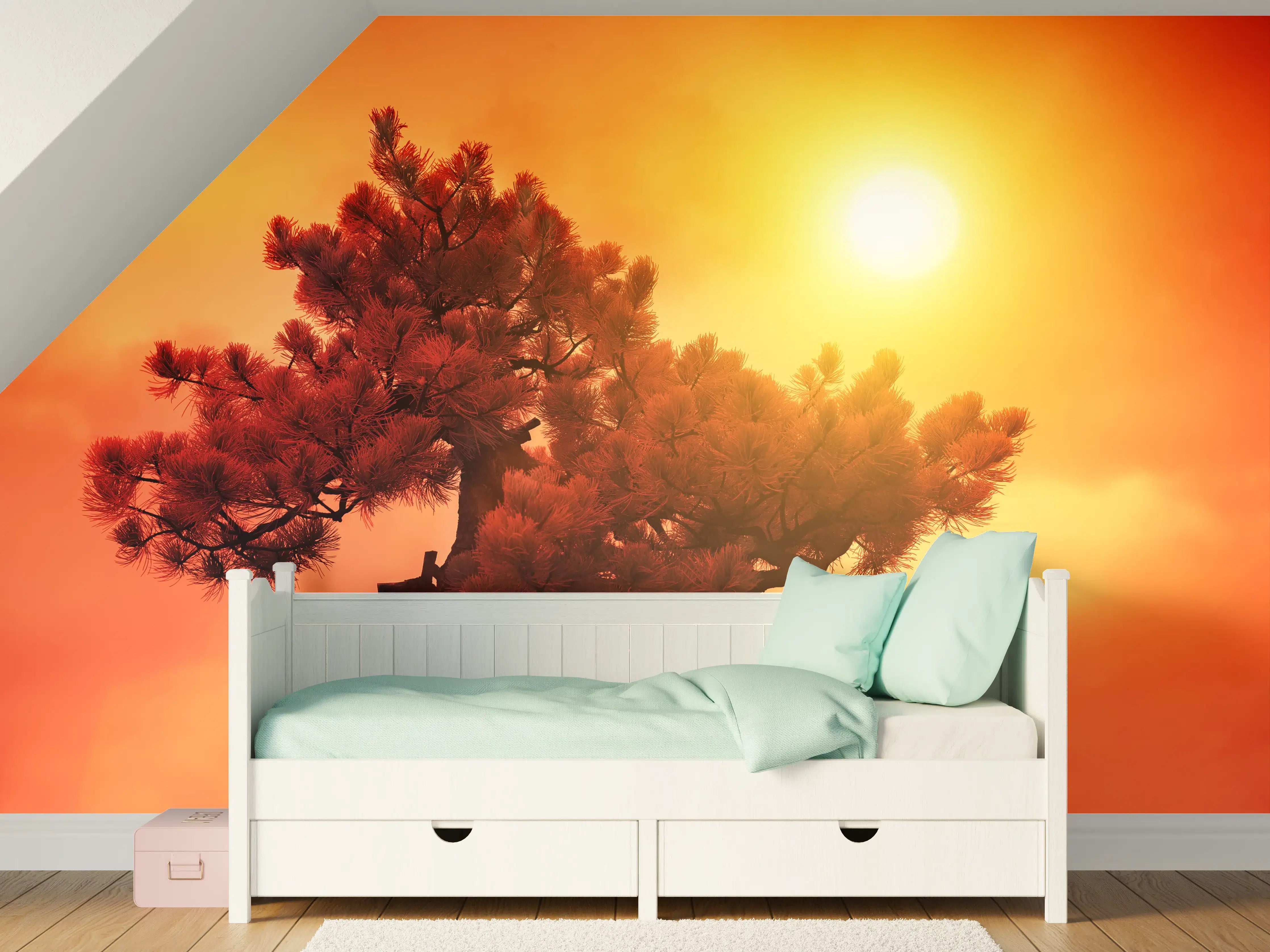 Kinderzimmer Wandgestaltung - Sonnenuntergang hinter einer Baumkrone