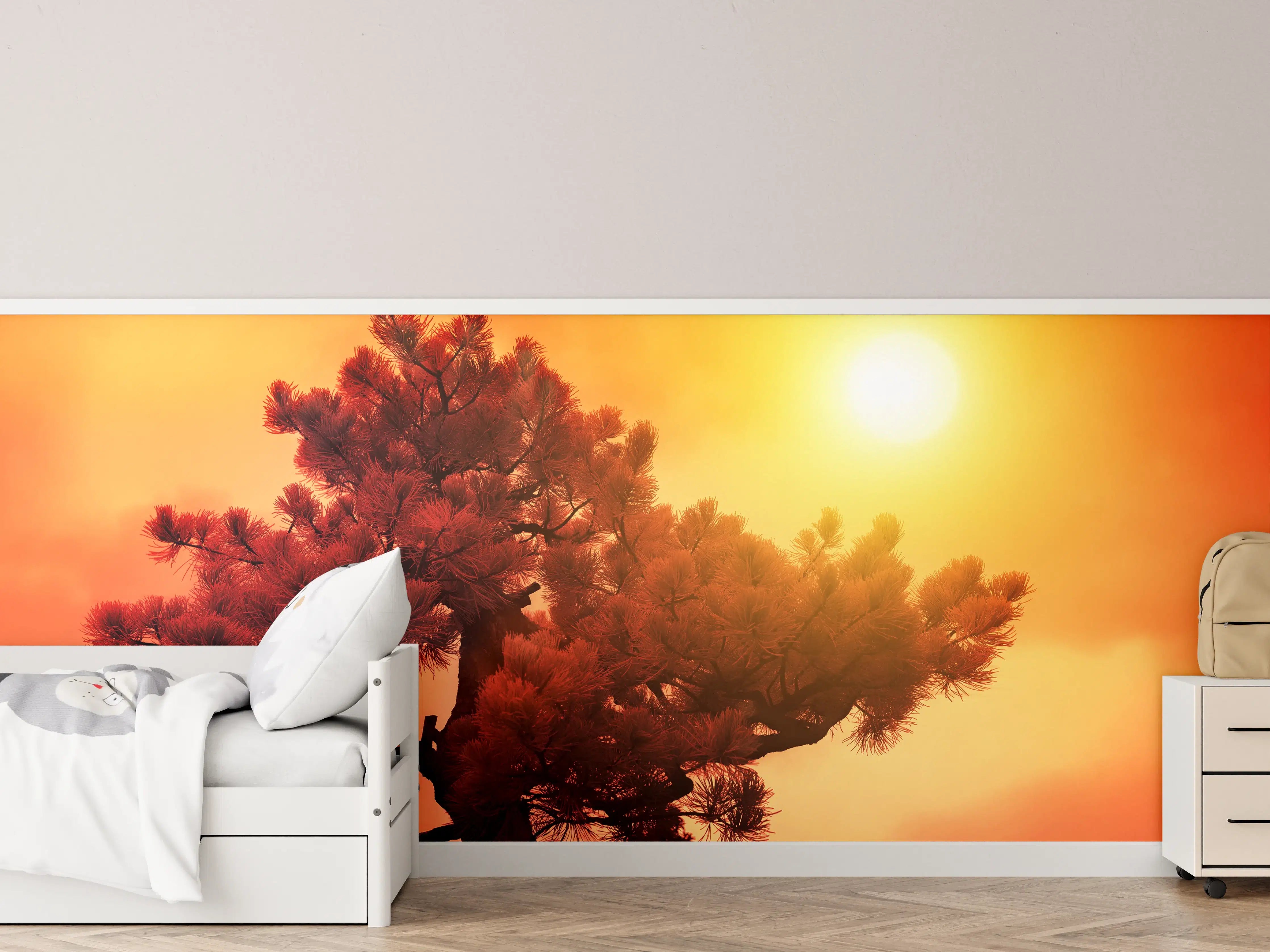 Kinderzimmer Wandgestaltung - Sonnenuntergang hinter einer Baumkrone