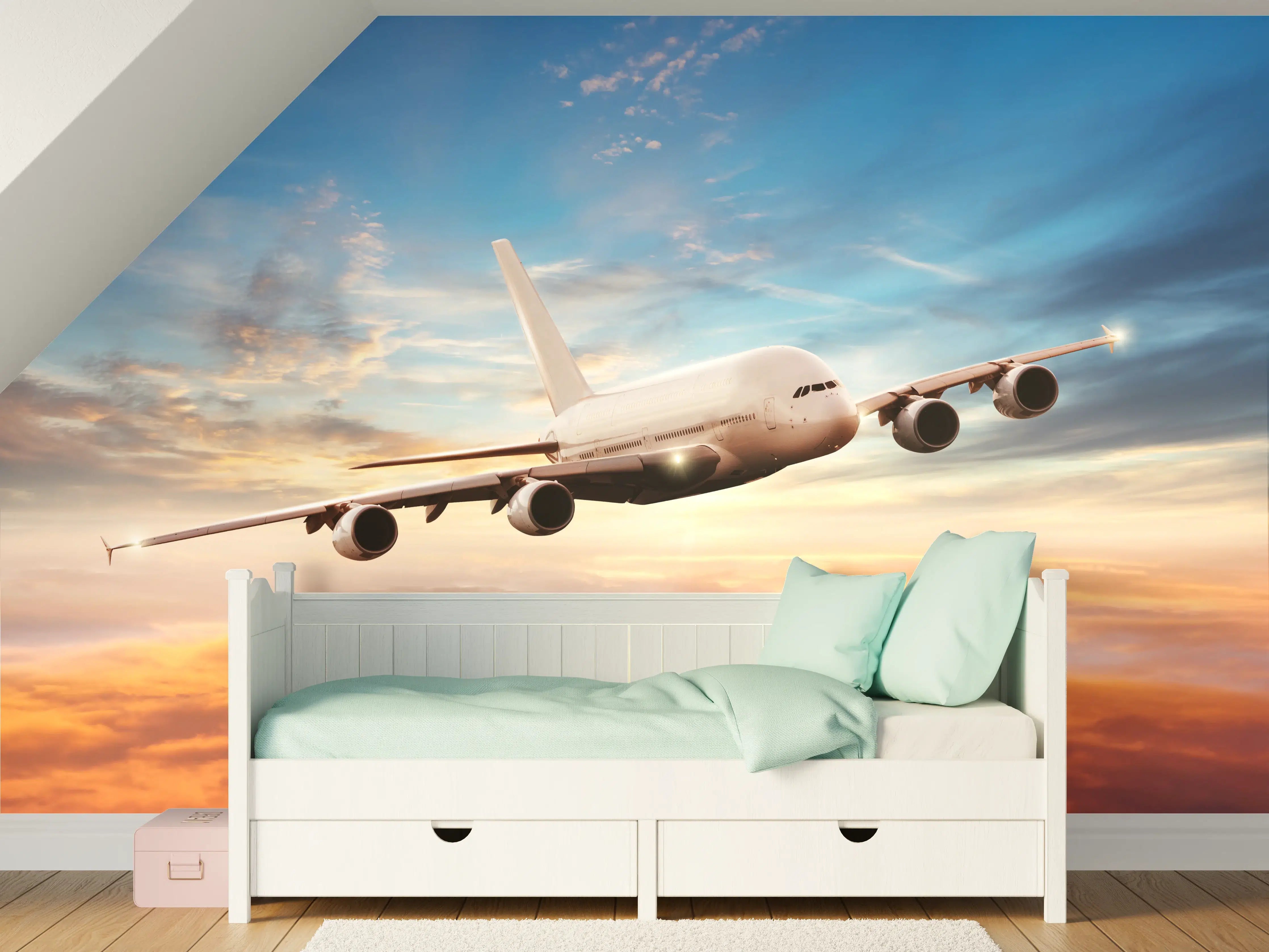 Kinderzimmer Wandgestaltung - Sonnenuntergang mit Passagierjet
