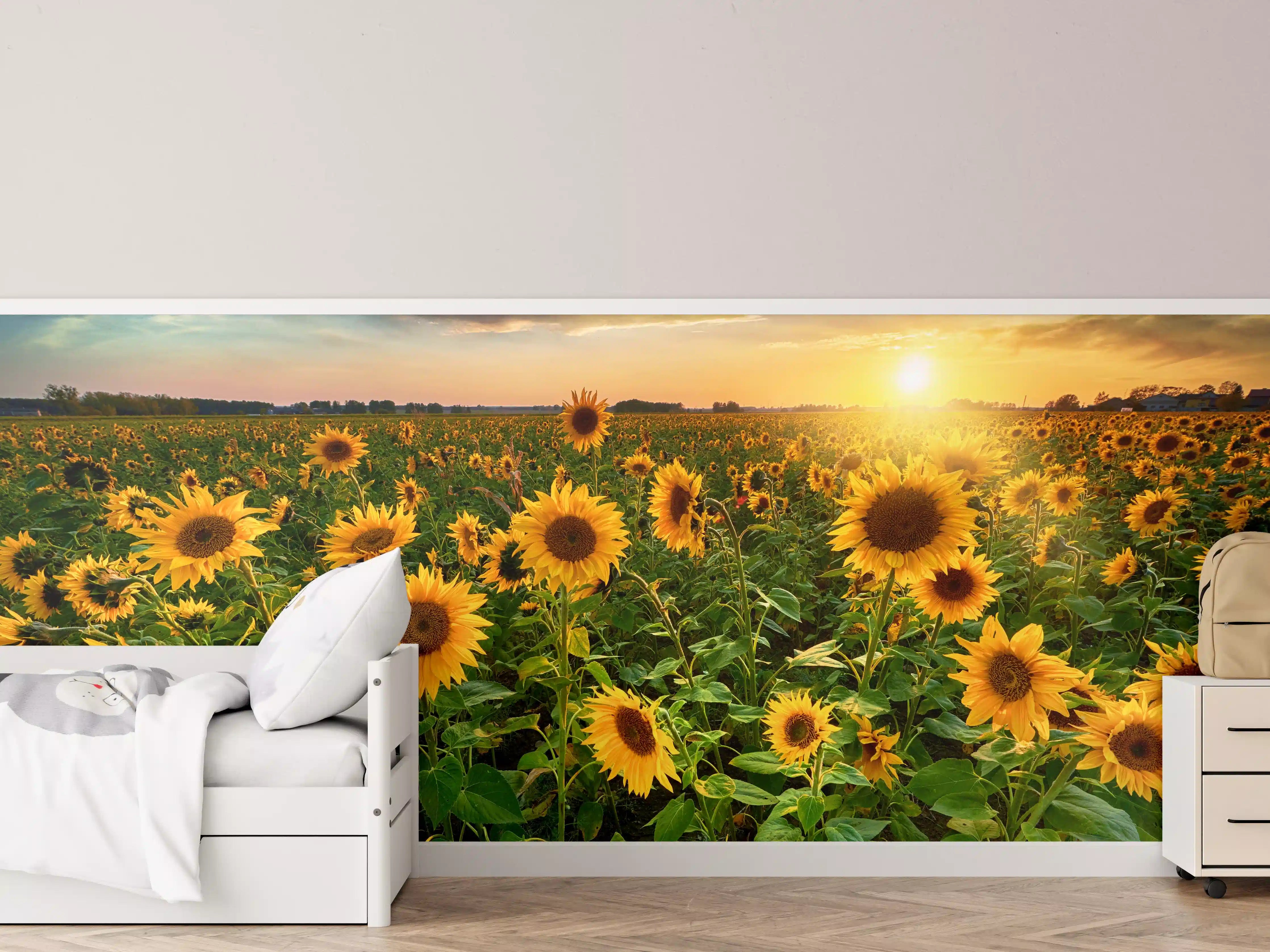 Kinderzimmer Wandgestaltung - Sonnenuntergang über Sonnenblumenfeld in Hessen