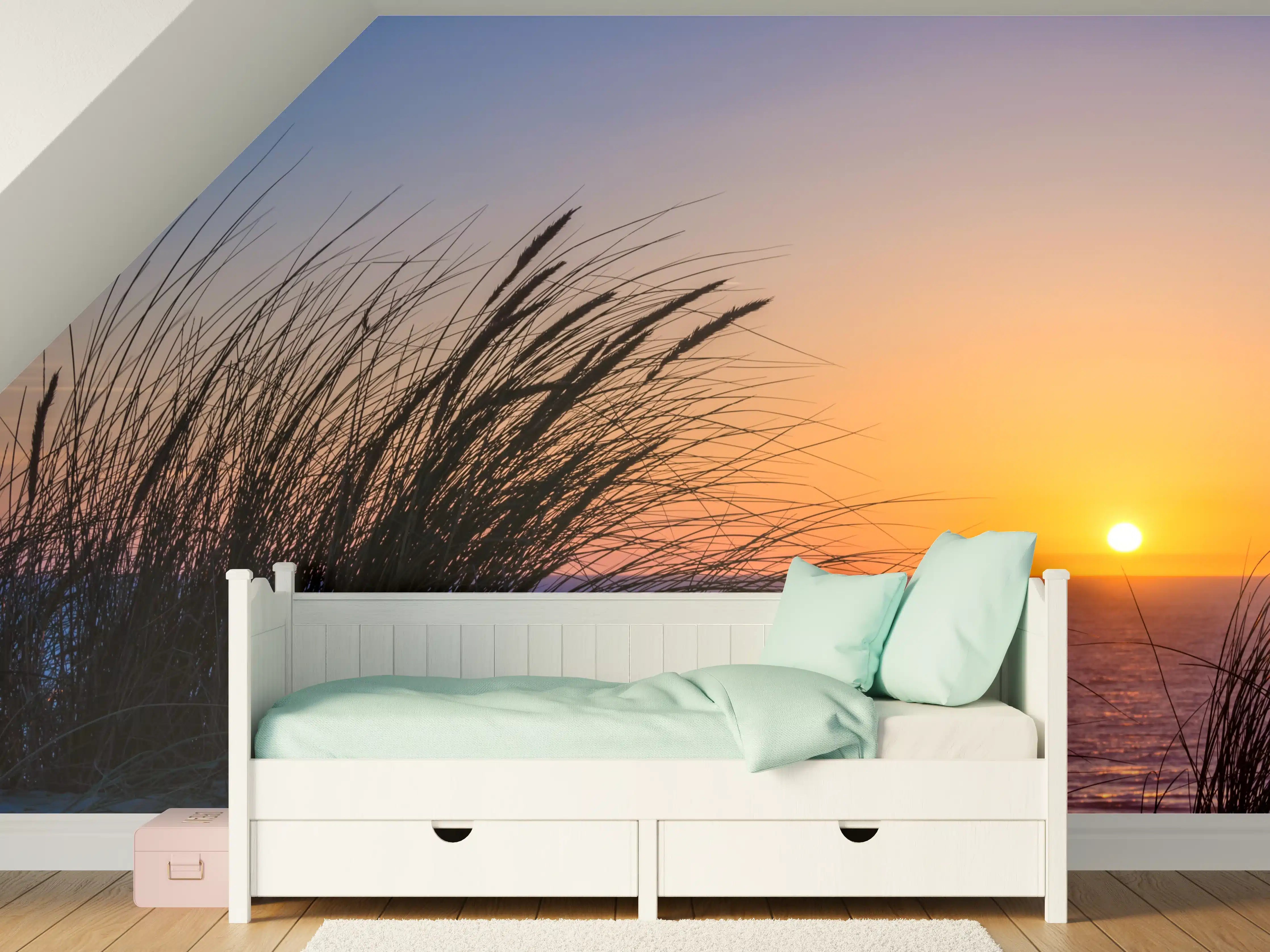 Kinderzimmer Wandgestaltung - Sonnenuntergang über dem Meer mit Gräsern