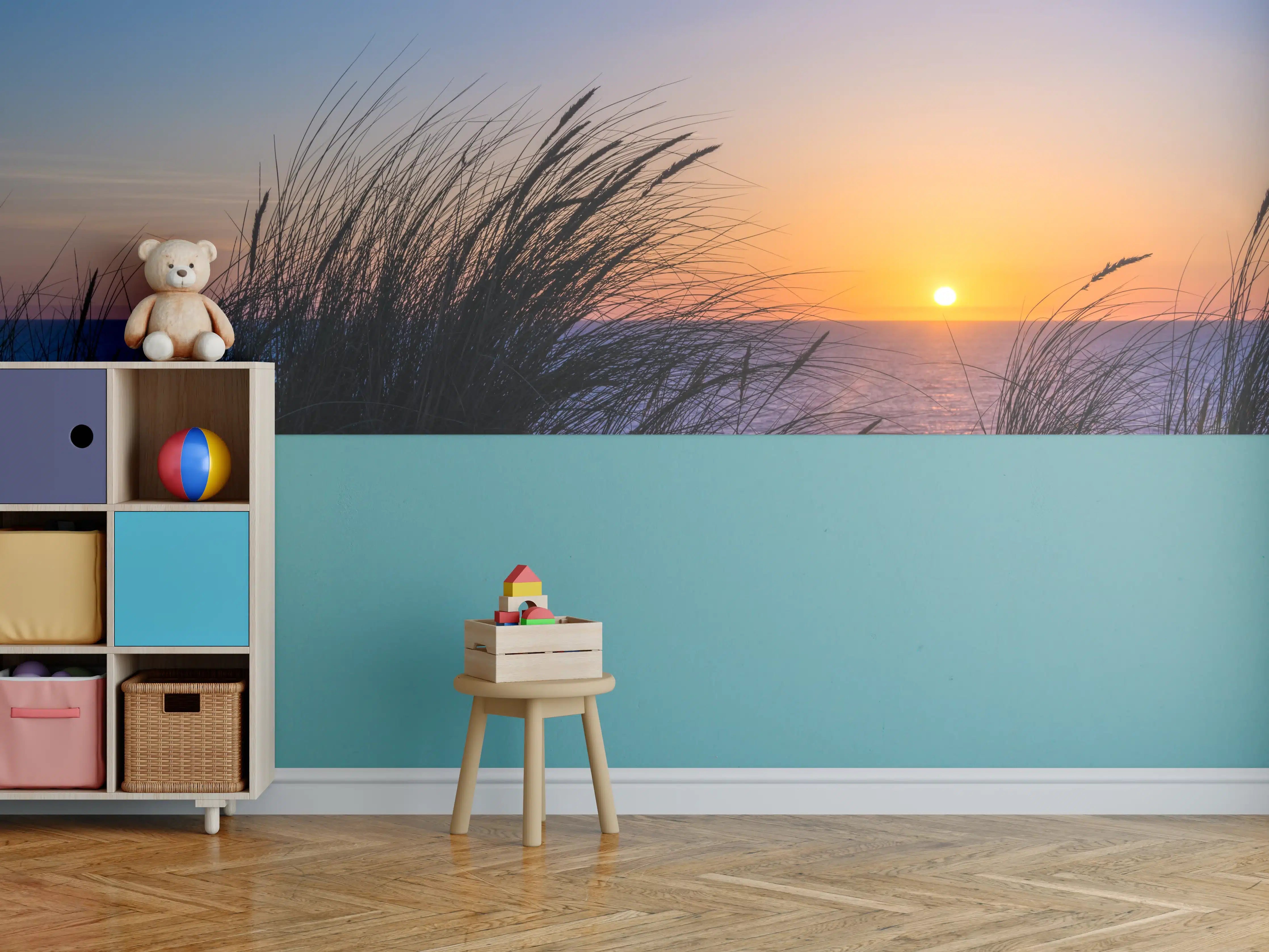 Kinderzimmer Wandgestaltung - Sonnenuntergang über dem Meer mit Gräsern