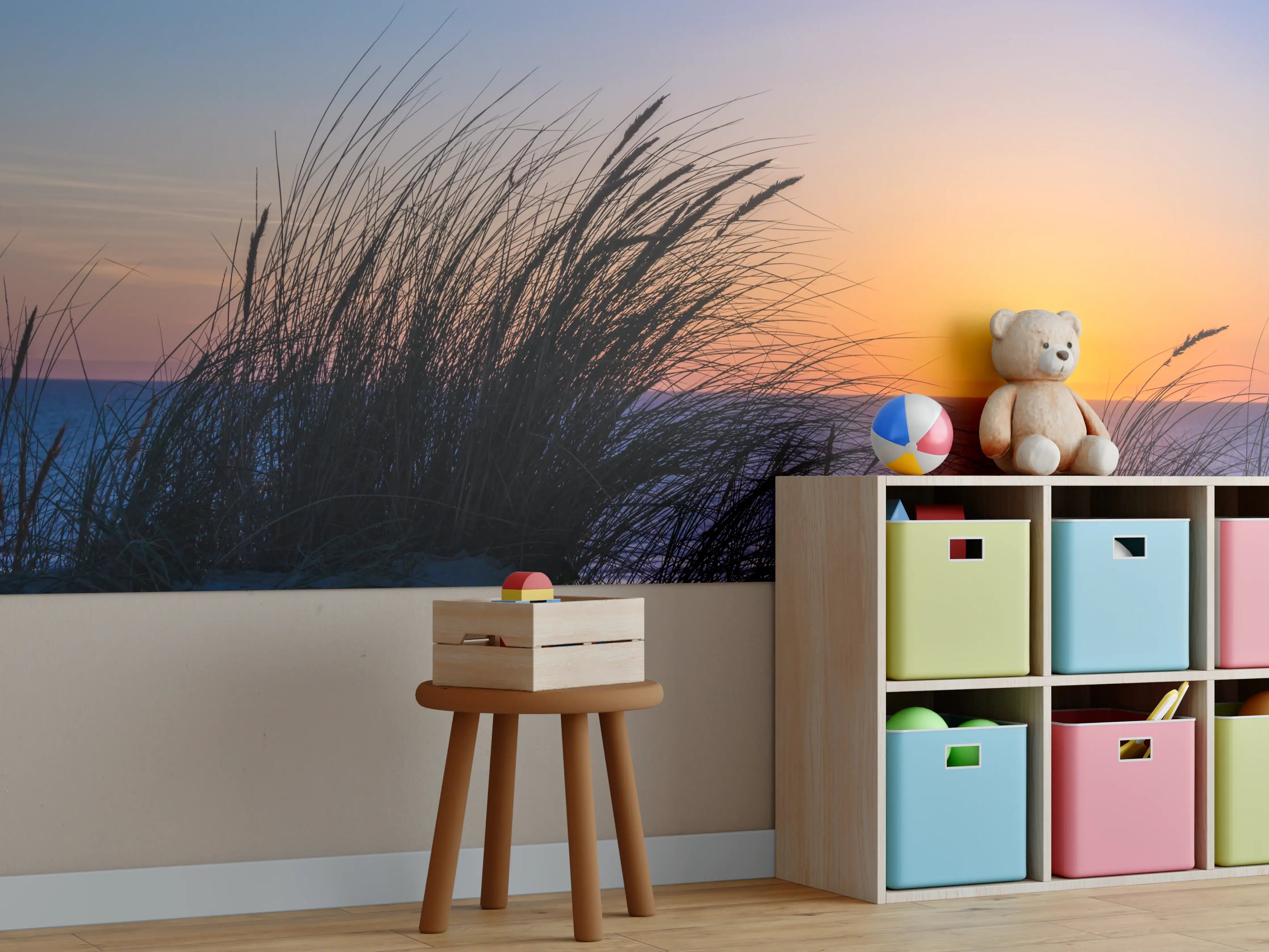 Kinderzimmer Wandgestaltung - Sonnenuntergang über dem Meer mit Gräsern