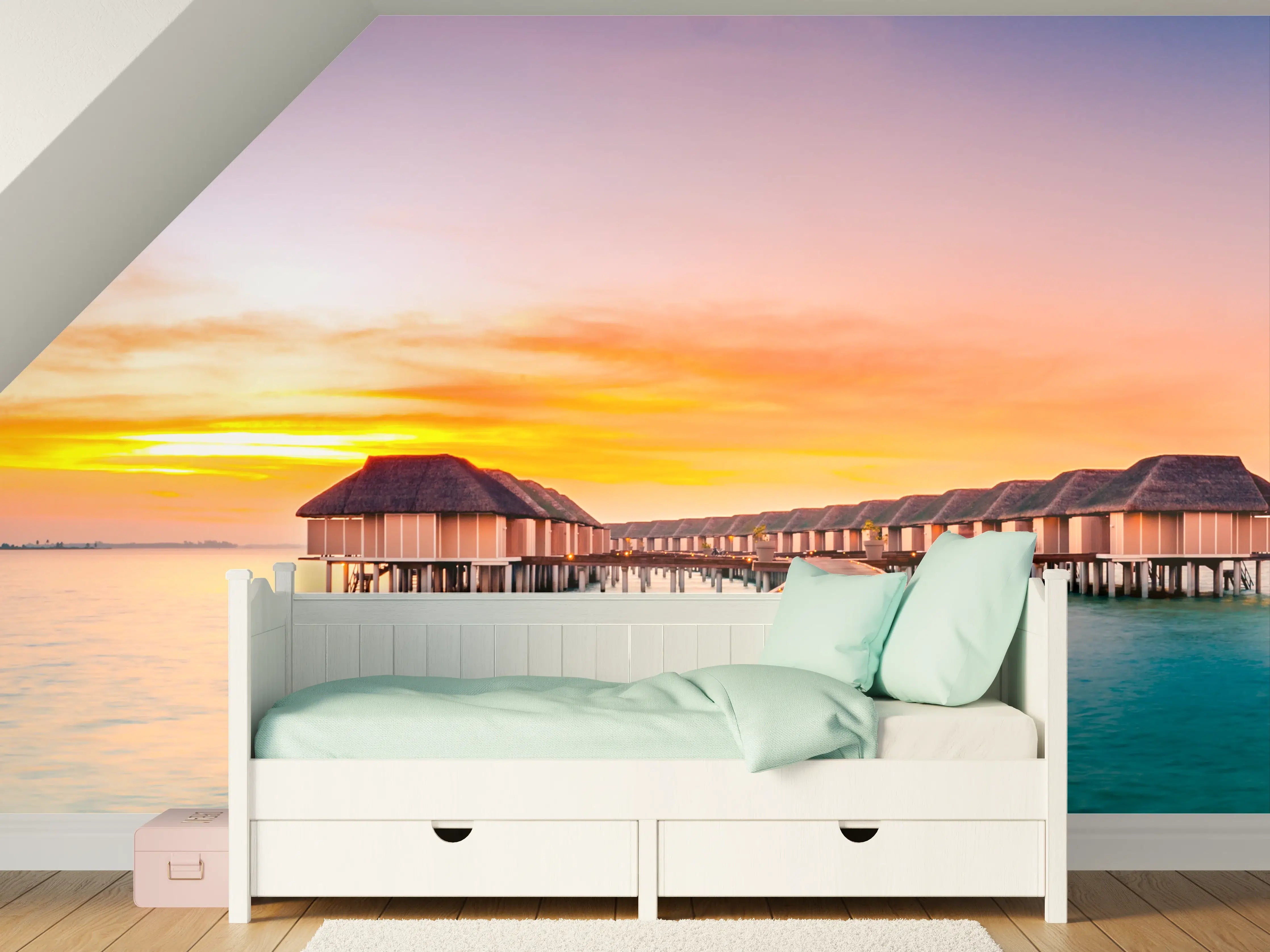Kinderzimmer Wandgestaltung - Sonnenuntergang über dem Meer mit elegantem Steg