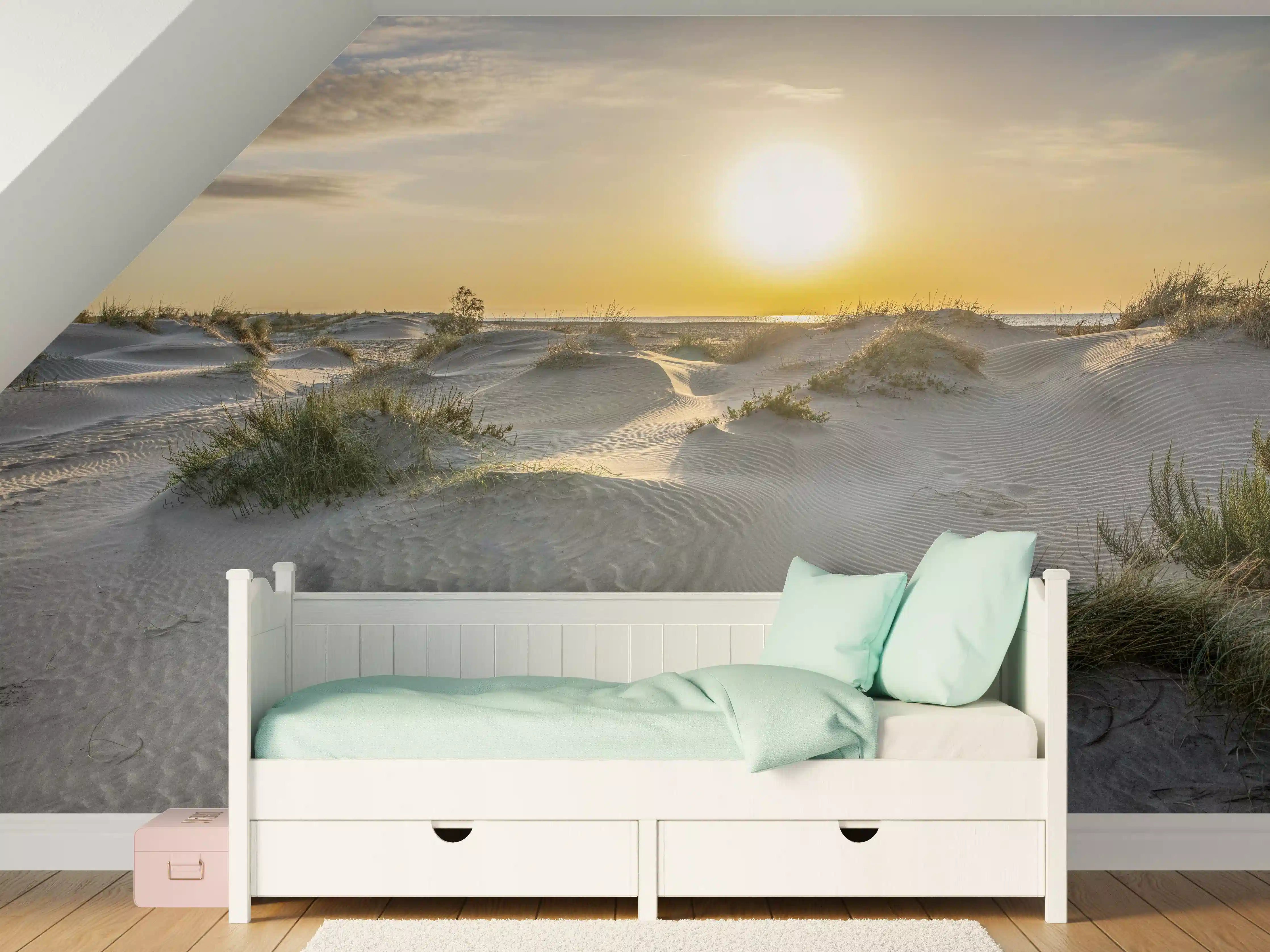 Kinderzimmer Wandgestaltung - Sonniger Strand bei Sonnenuntergang mit Dünen