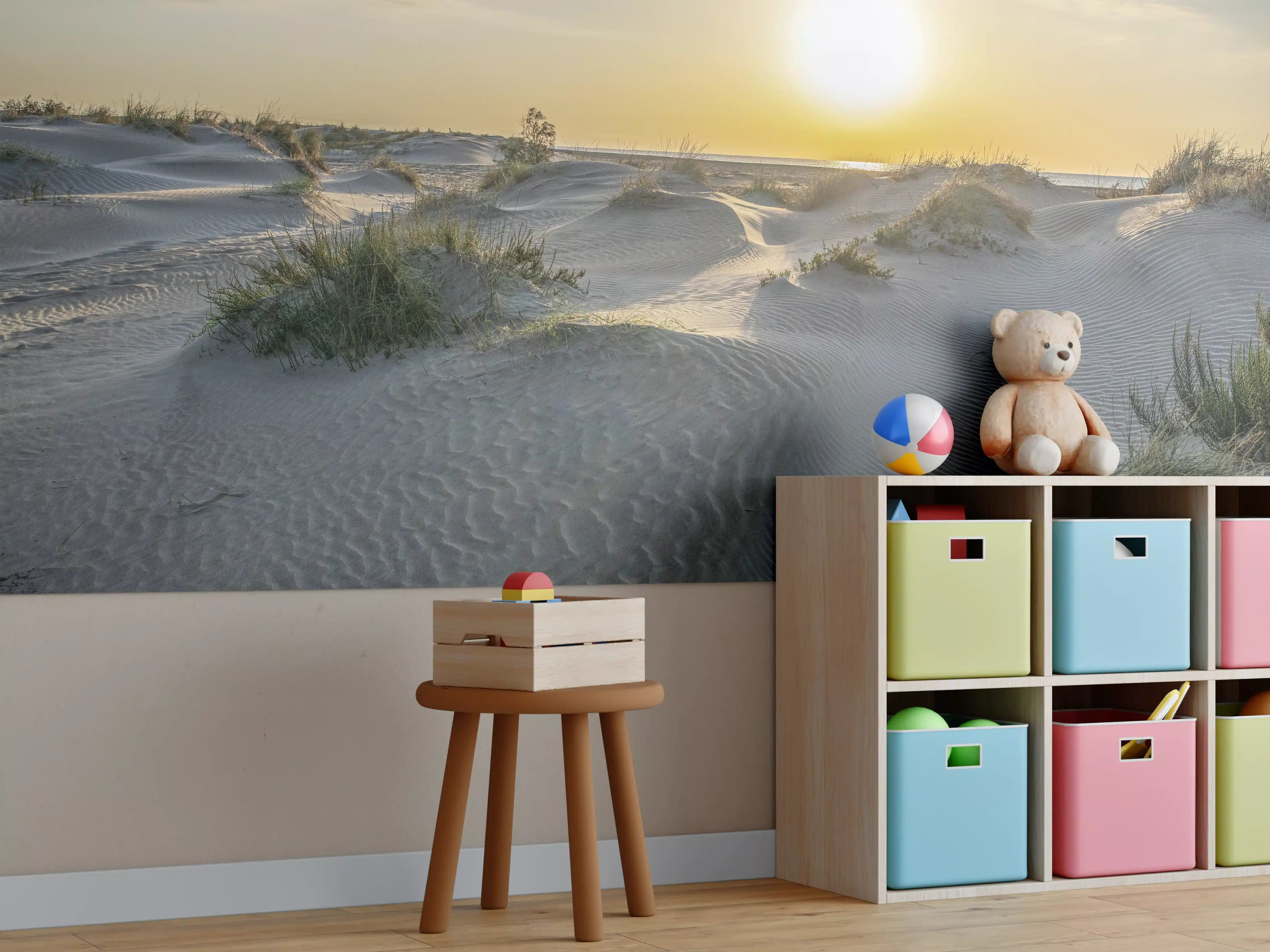 Kinderzimmer Wandgestaltung - Sonniger Strand bei Sonnenuntergang mit Dünen