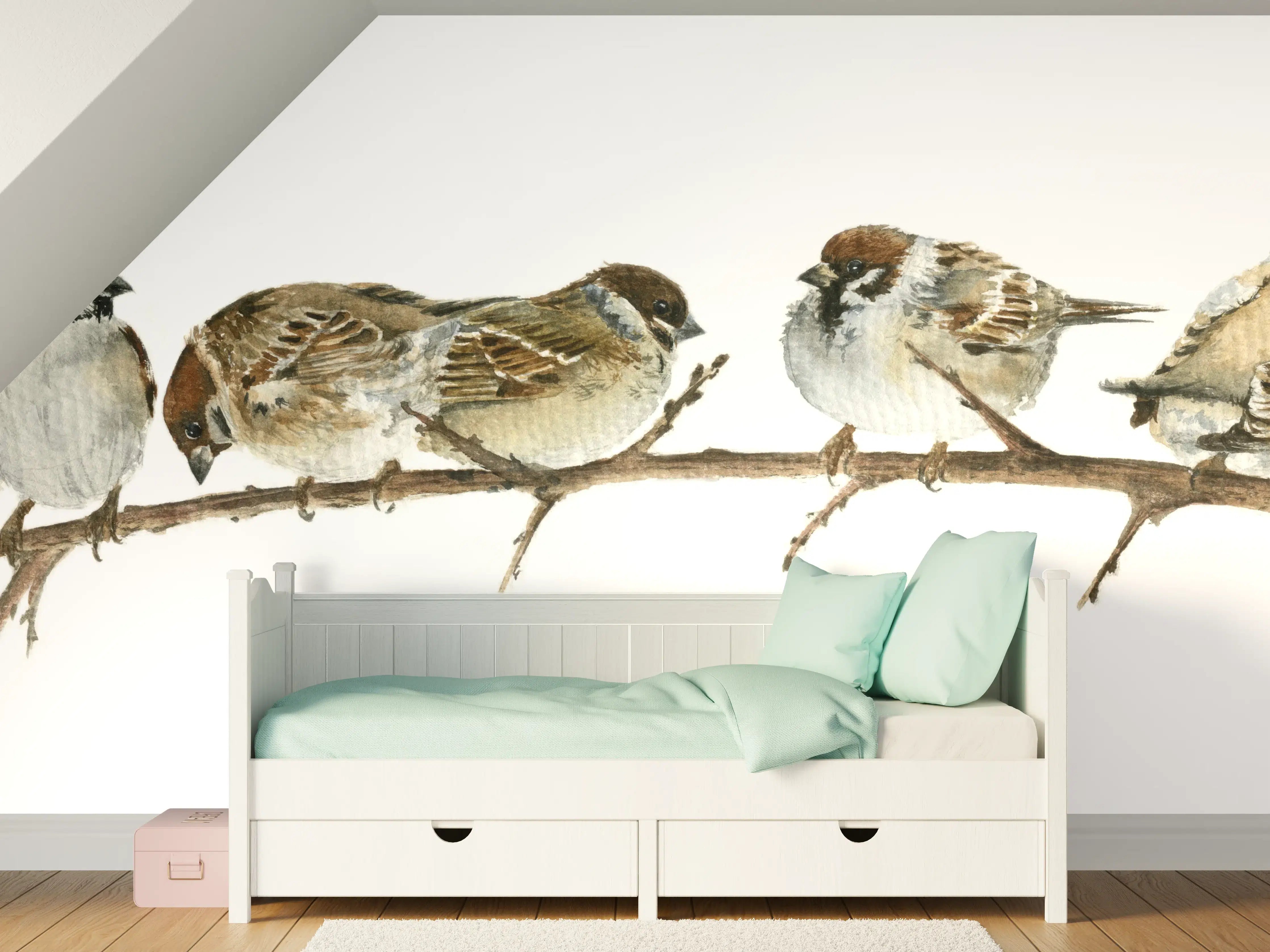 Kinderzimmer Wandgestaltung - Spatzen auf einem Zweig