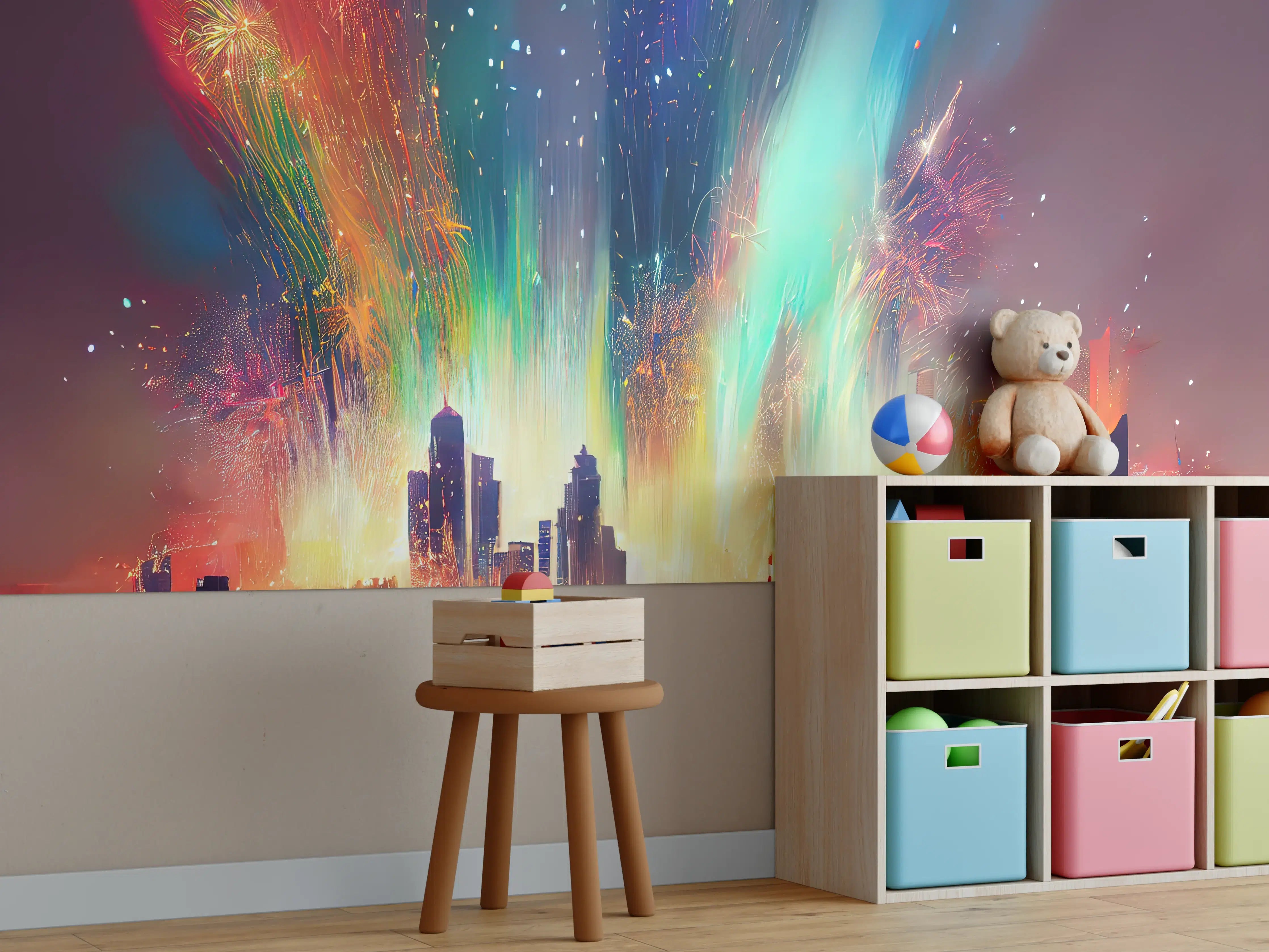 Kinderzimmer Wandgestaltung - Spektakuläres Feuerwerk über der Großstadt