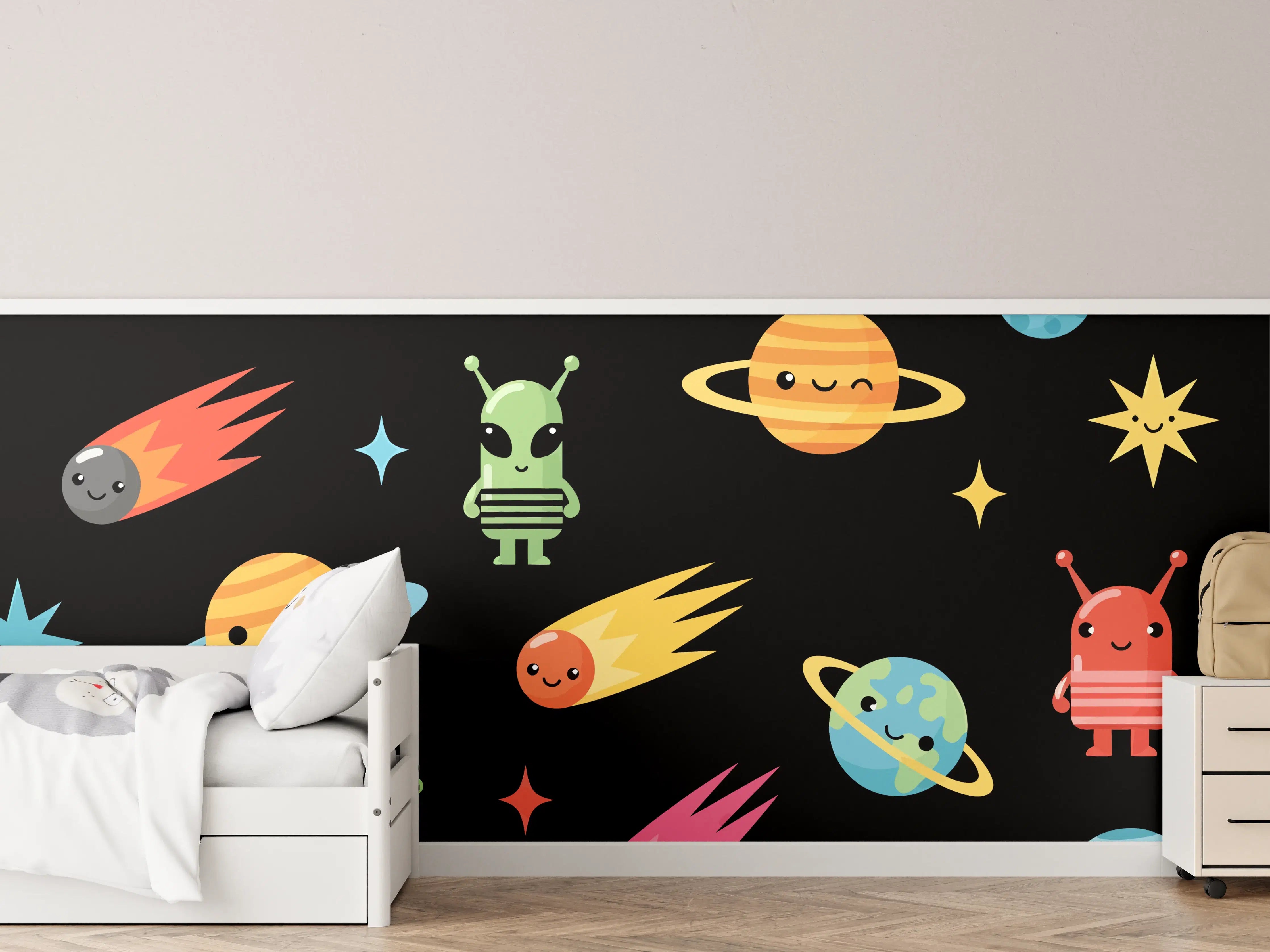 Kinderzimmer Wandgestaltung - Spielerische Planetenzuordnung mit niedlichen Weltraummotiven