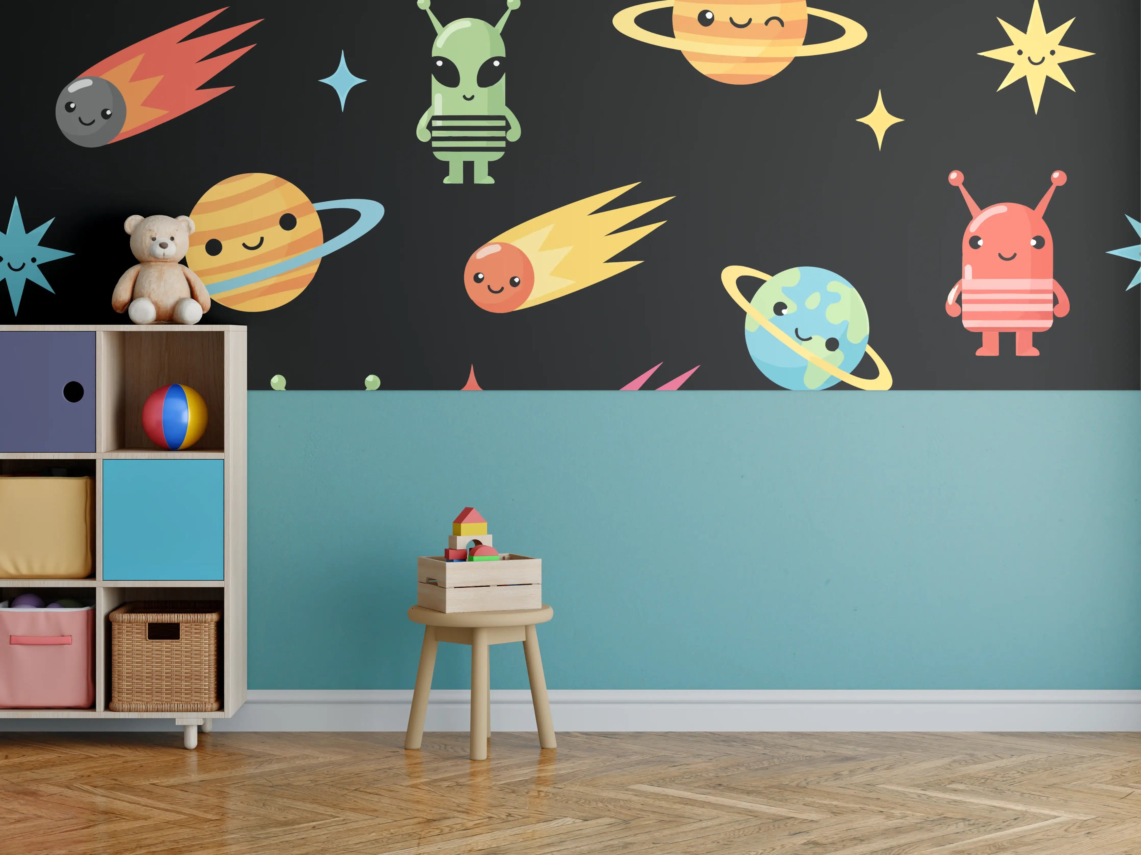 Kinderzimmer Wandgestaltung - Spielerische Planetenzuordnung mit niedlichen Weltraummotiven