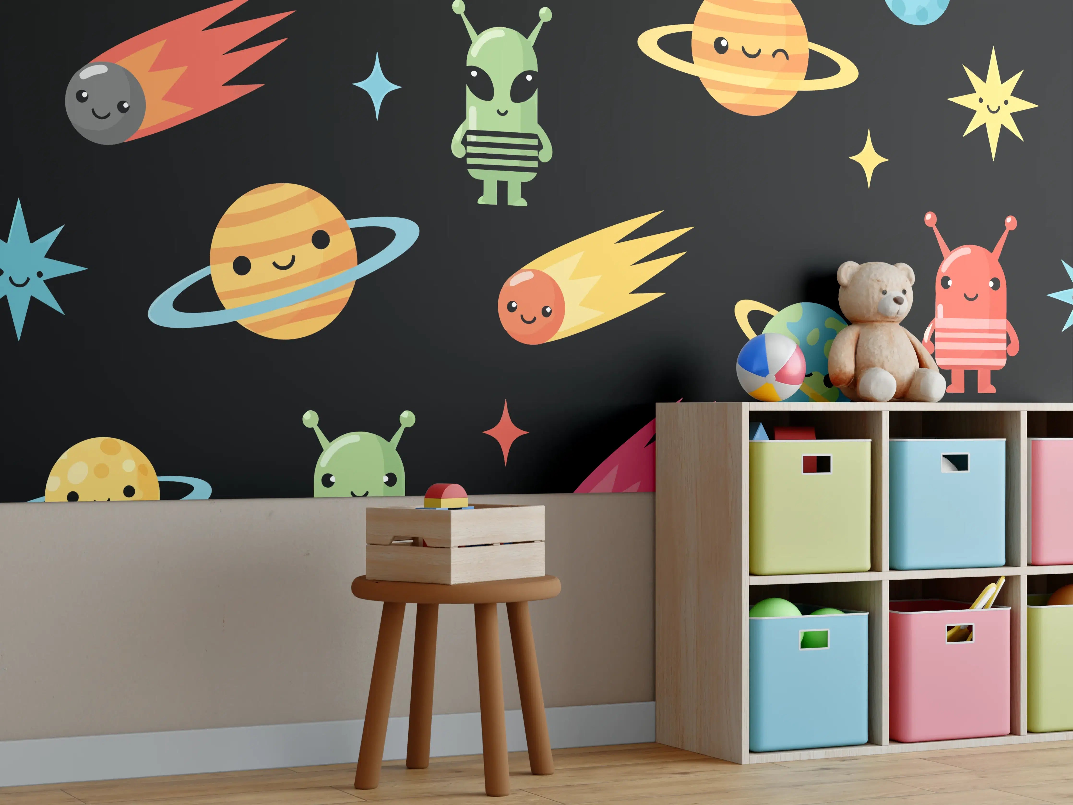 Kinderzimmer Wandgestaltung - Spielerische Planetenzuordnung mit niedlichen Weltraummotiven