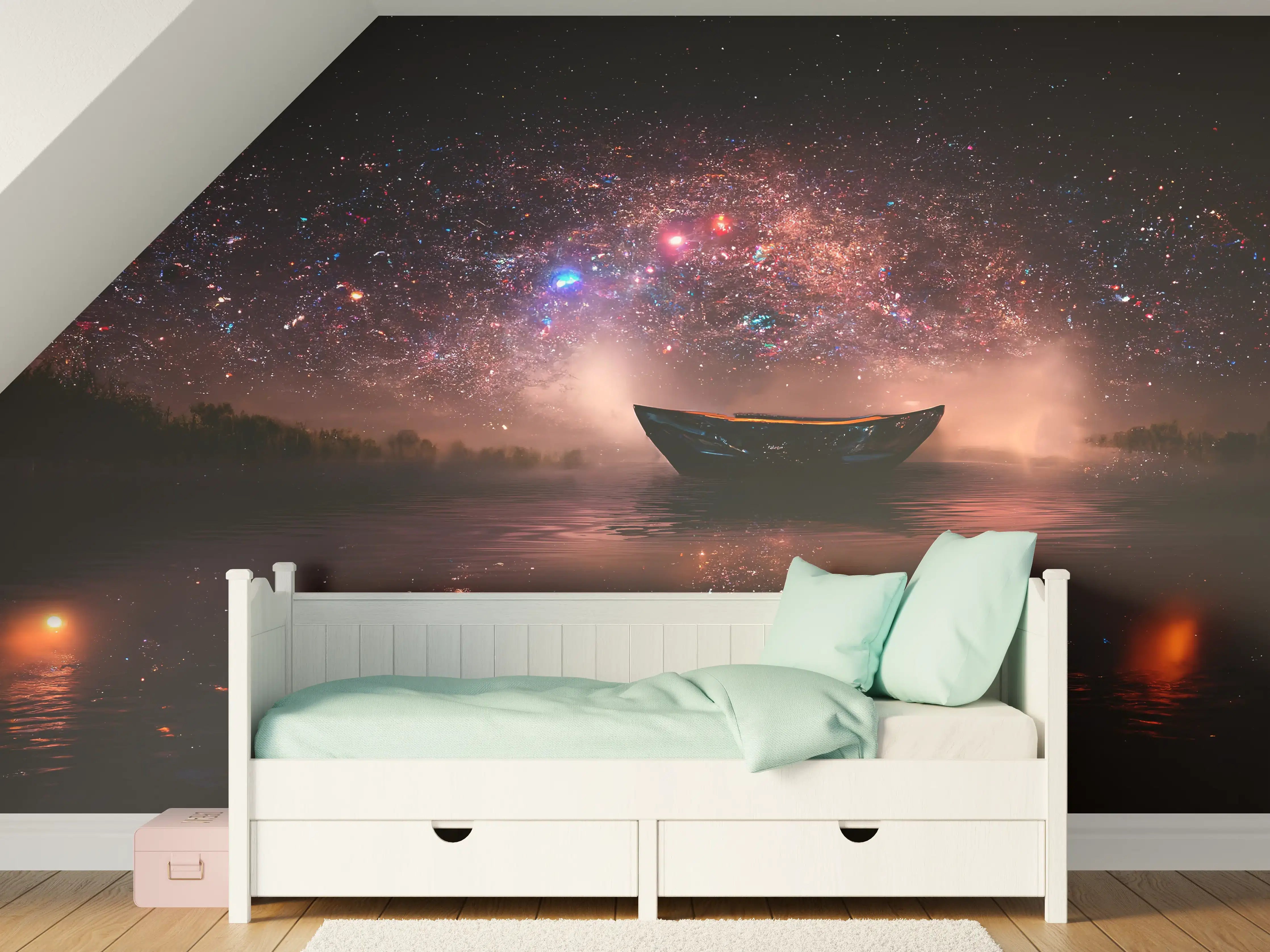 Kinderzimmer Wandgestaltung - Sternenhimmel über ruhigem Wasser mit Boot