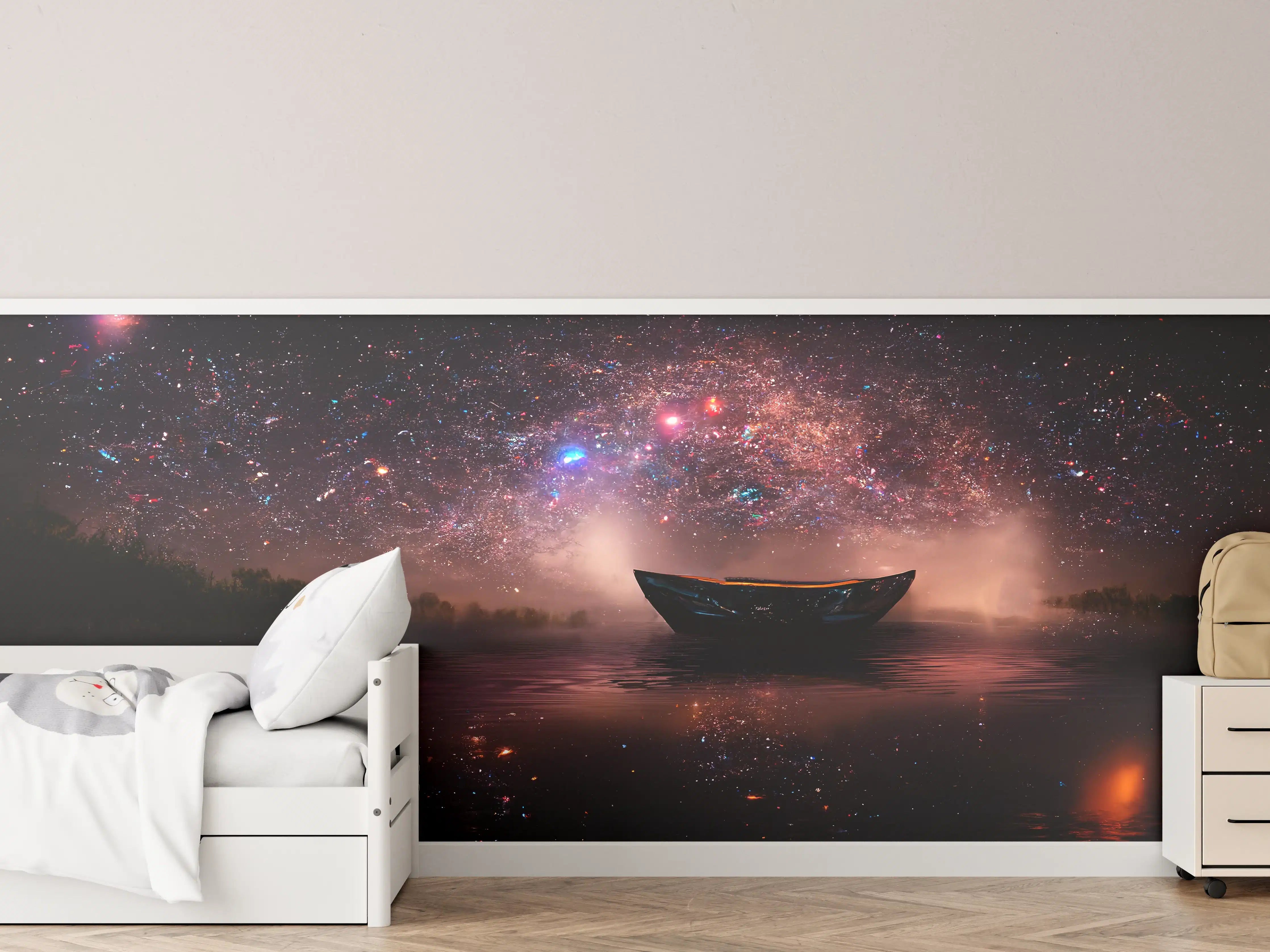 Kinderzimmer Wandgestaltung - Sternenhimmel über ruhigem Wasser mit Boot