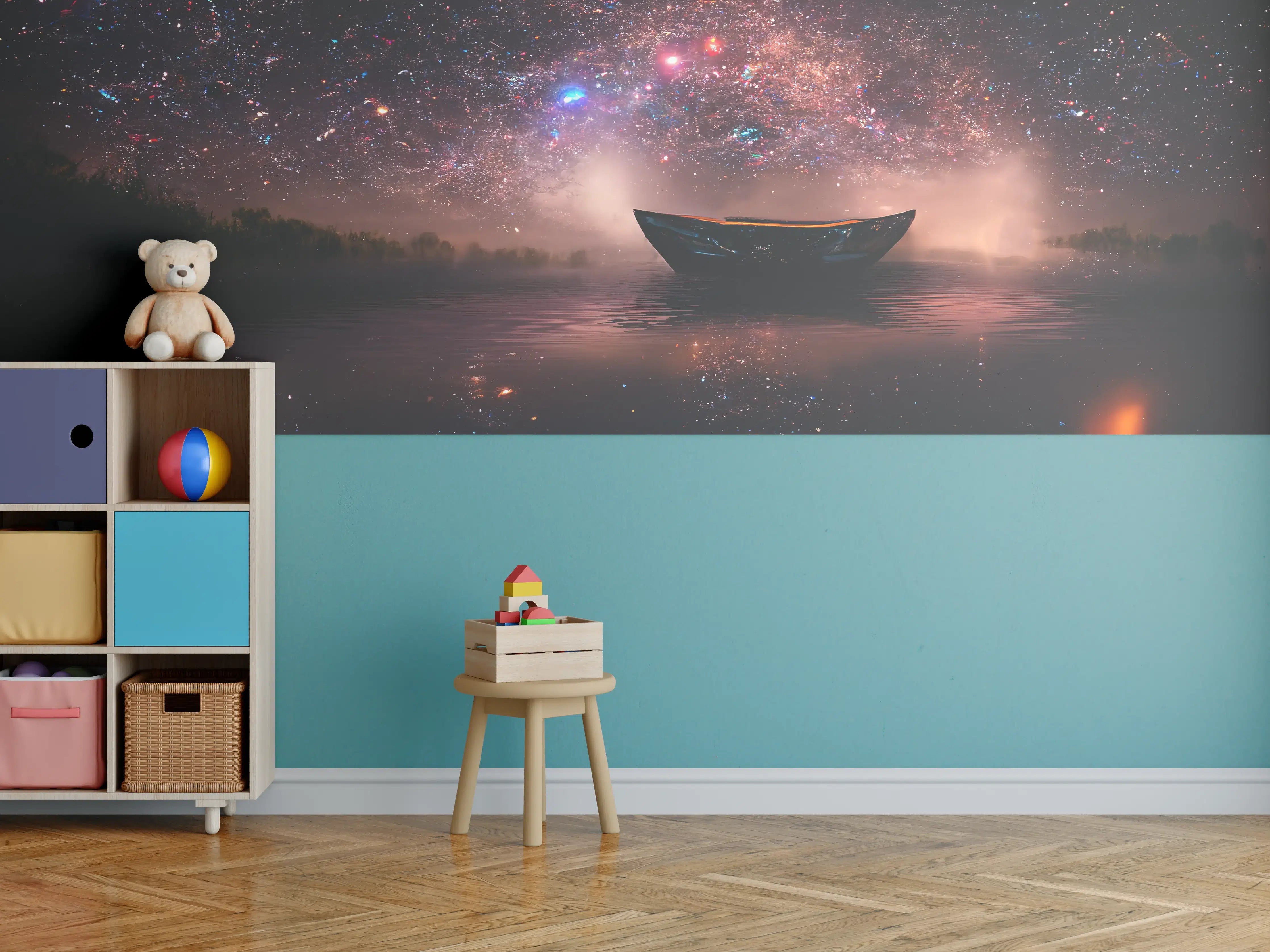 Kinderzimmer Wandgestaltung - Sternenhimmel über ruhigem Wasser mit Boot