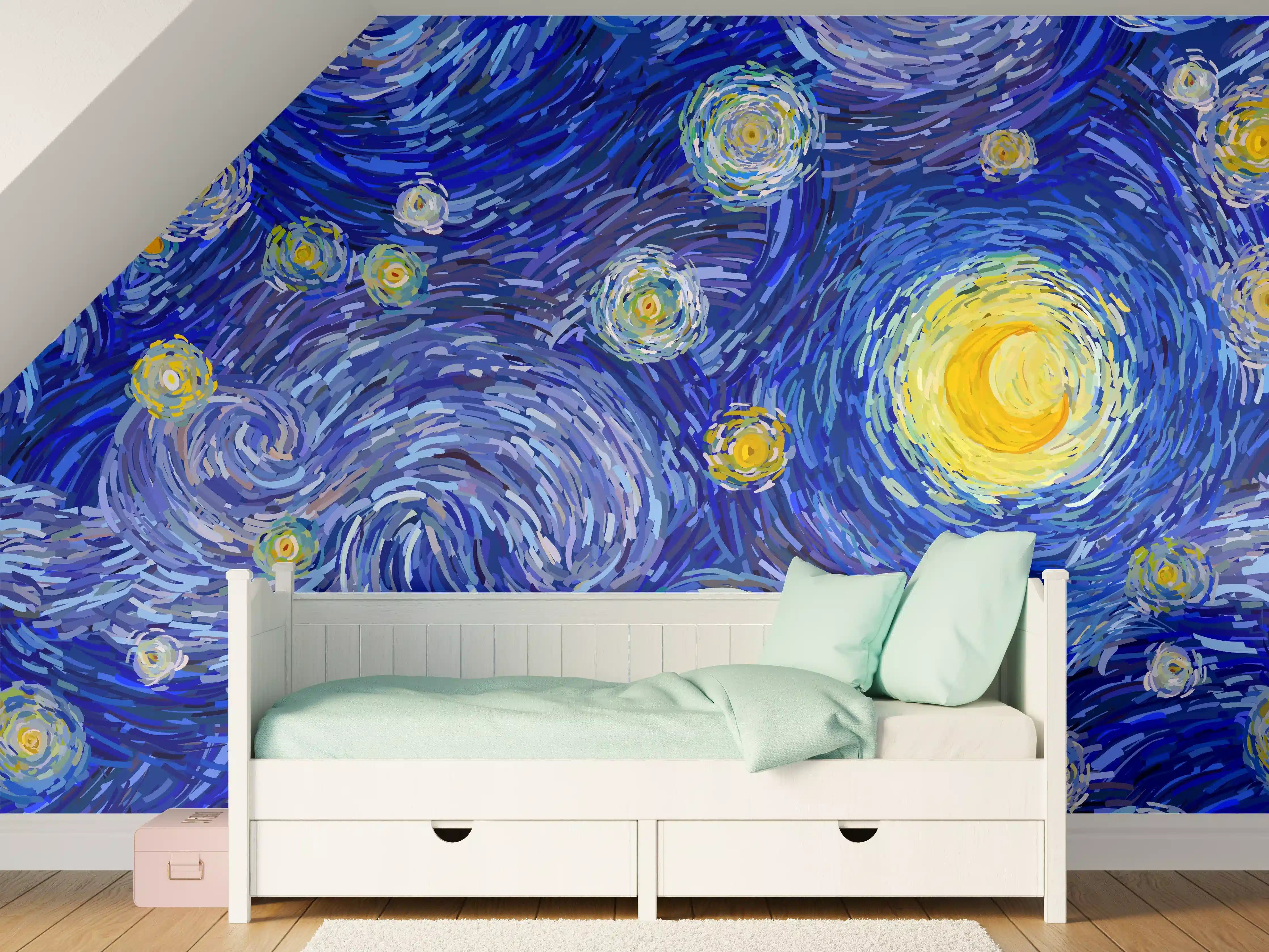 Kinderzimmer Wandgestaltung - Sternennacht in lebendigen Blau- und Gelbtönen