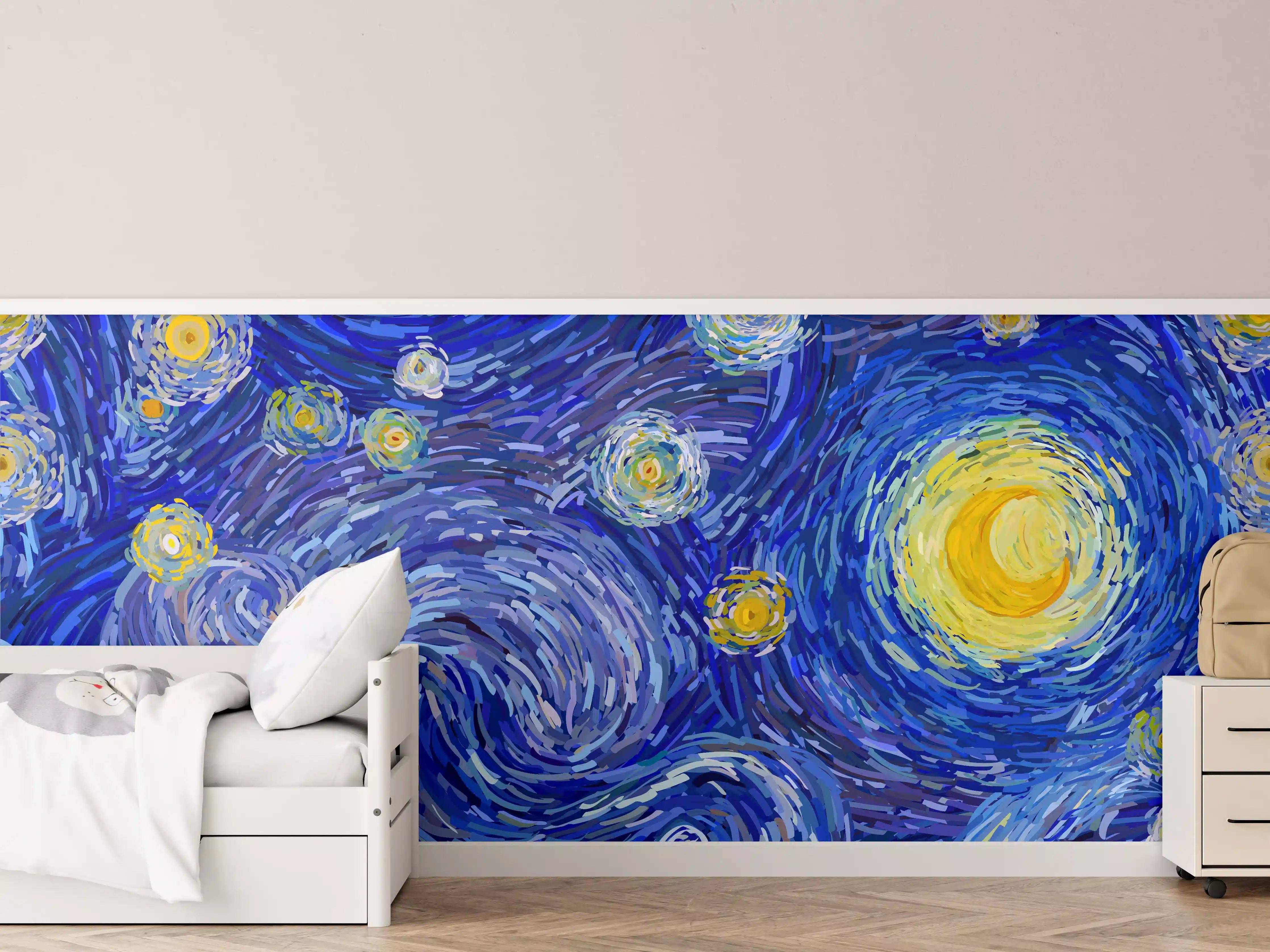 Kinderzimmer Wandgestaltung - Sternennacht in lebendigen Blau- und Gelbtönen