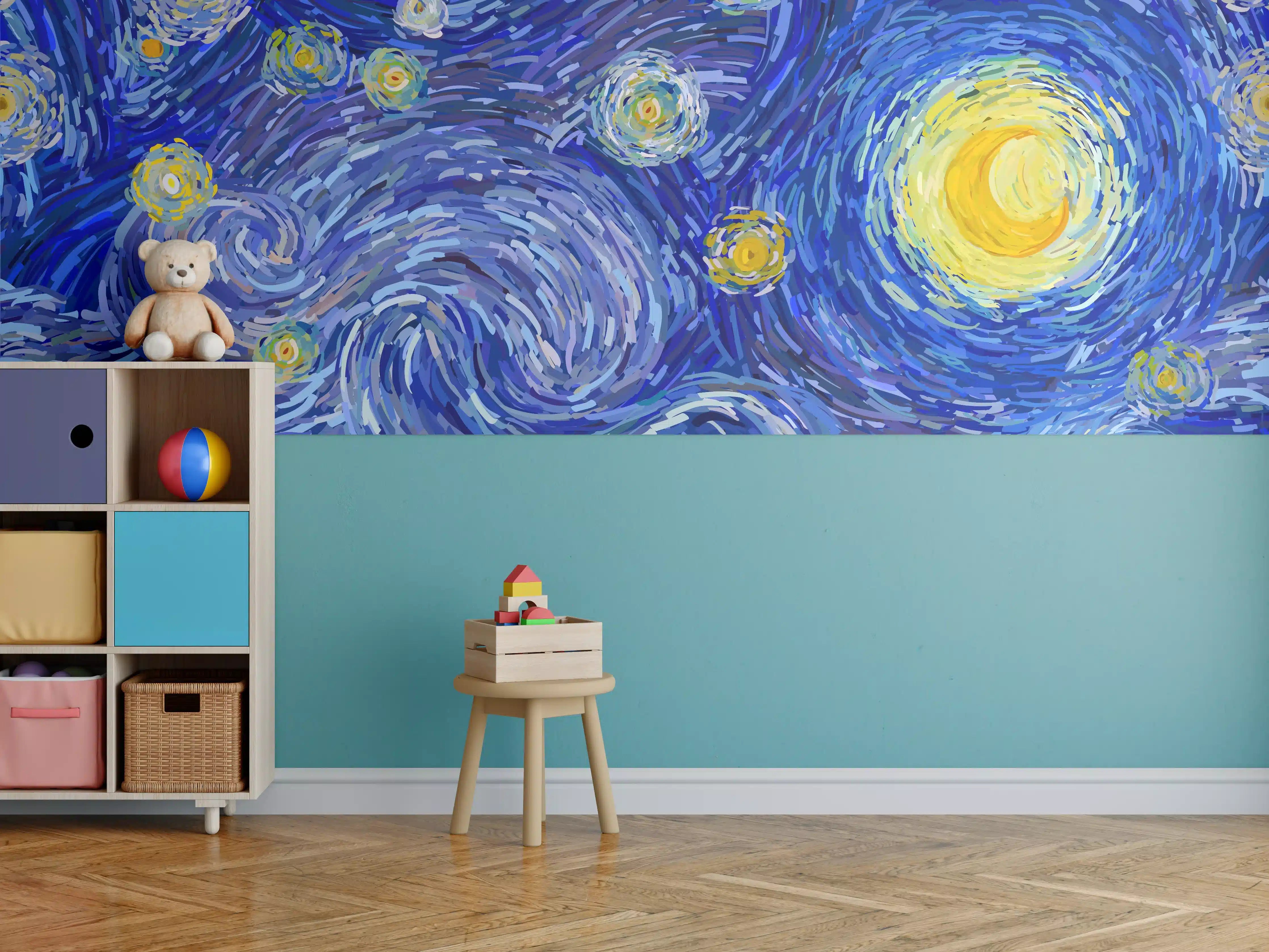 Kinderzimmer Wandgestaltung - Sternennacht in lebendigen Blau- und Gelbtönen