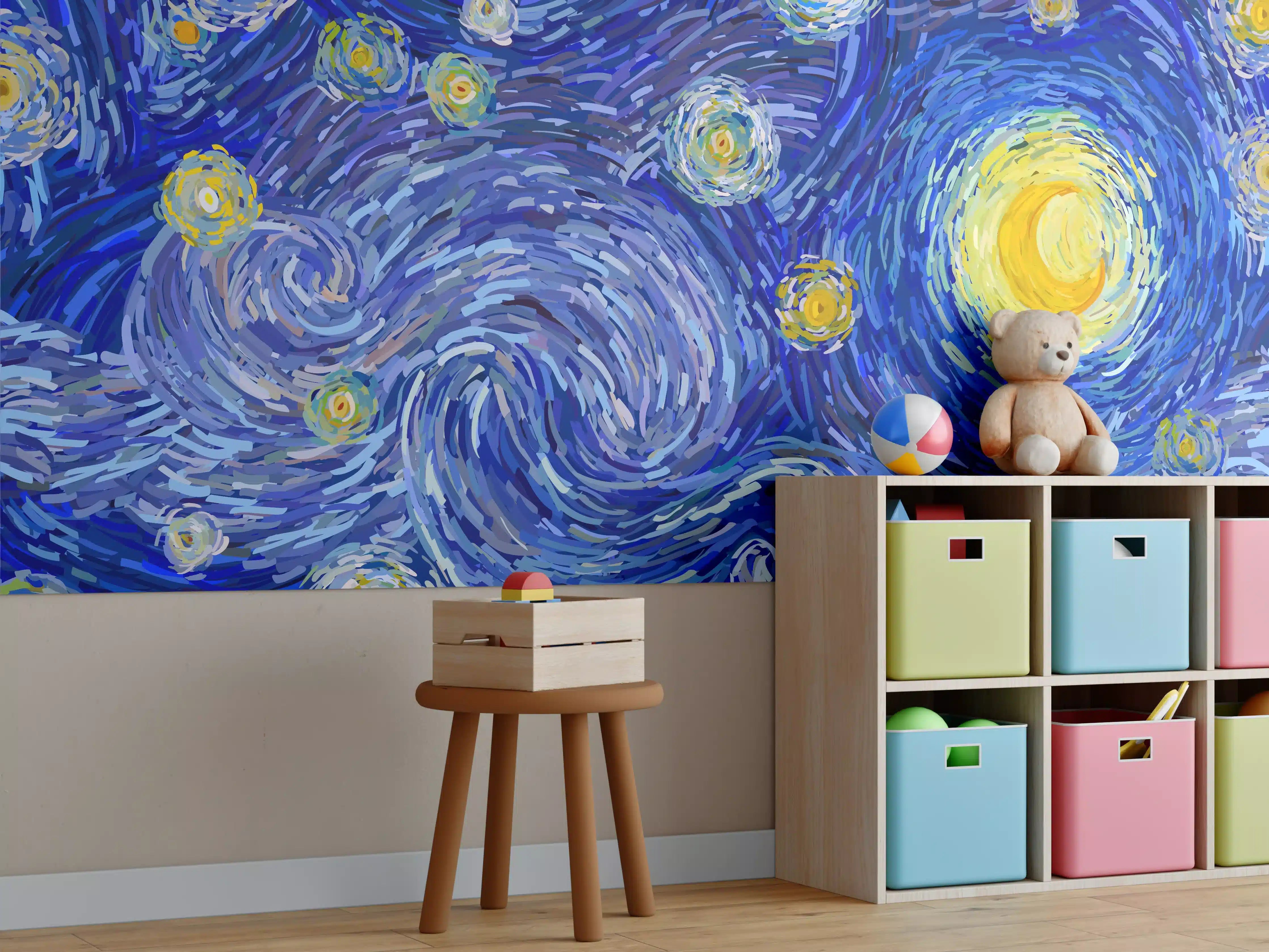 Kinderzimmer Wandgestaltung - Sternennacht in lebendigen Blau- und Gelbtönen