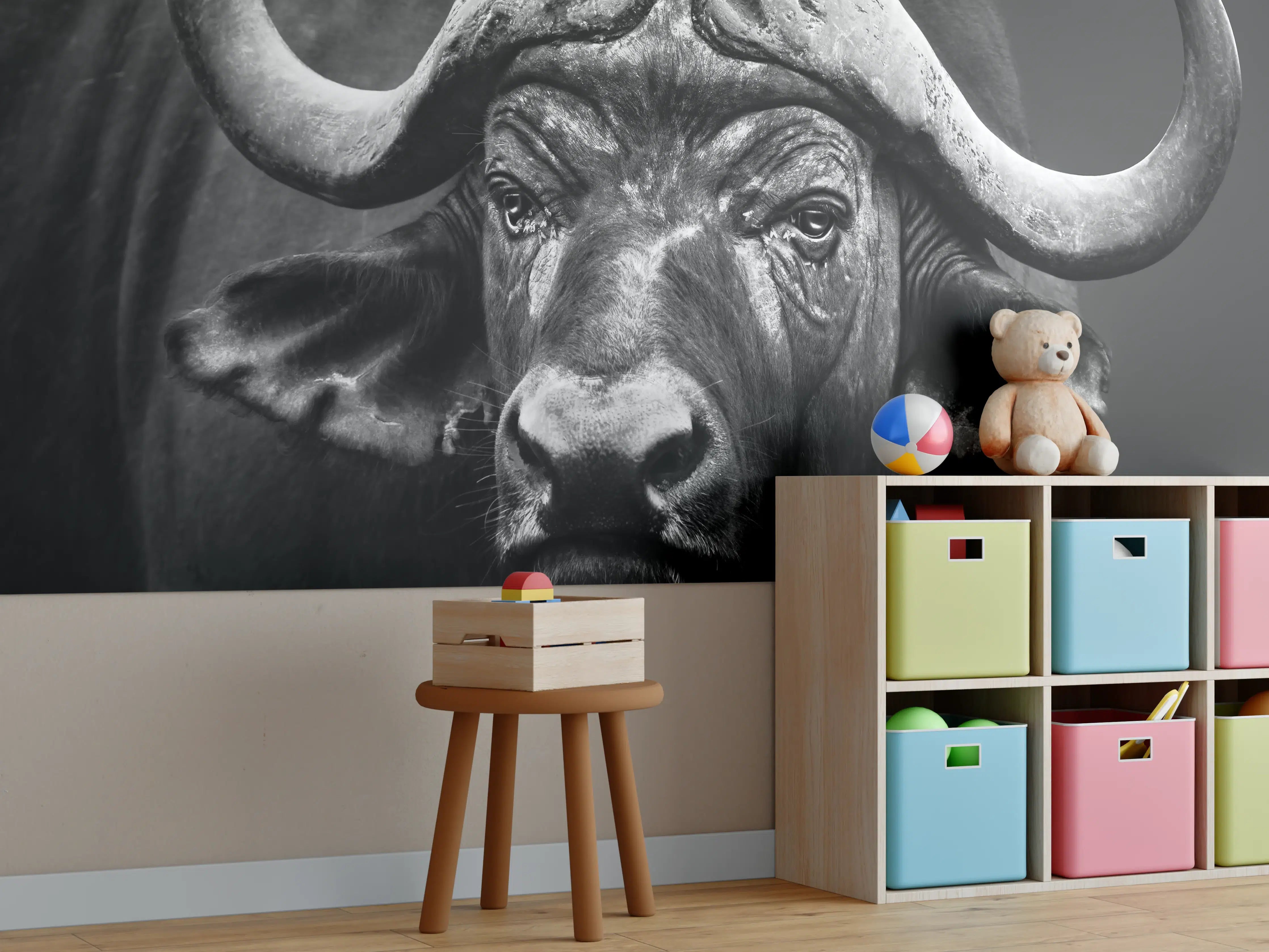 Kinderzimmer Wandgestaltung - Stierkopf aus Metall in Schwarz-Weiß