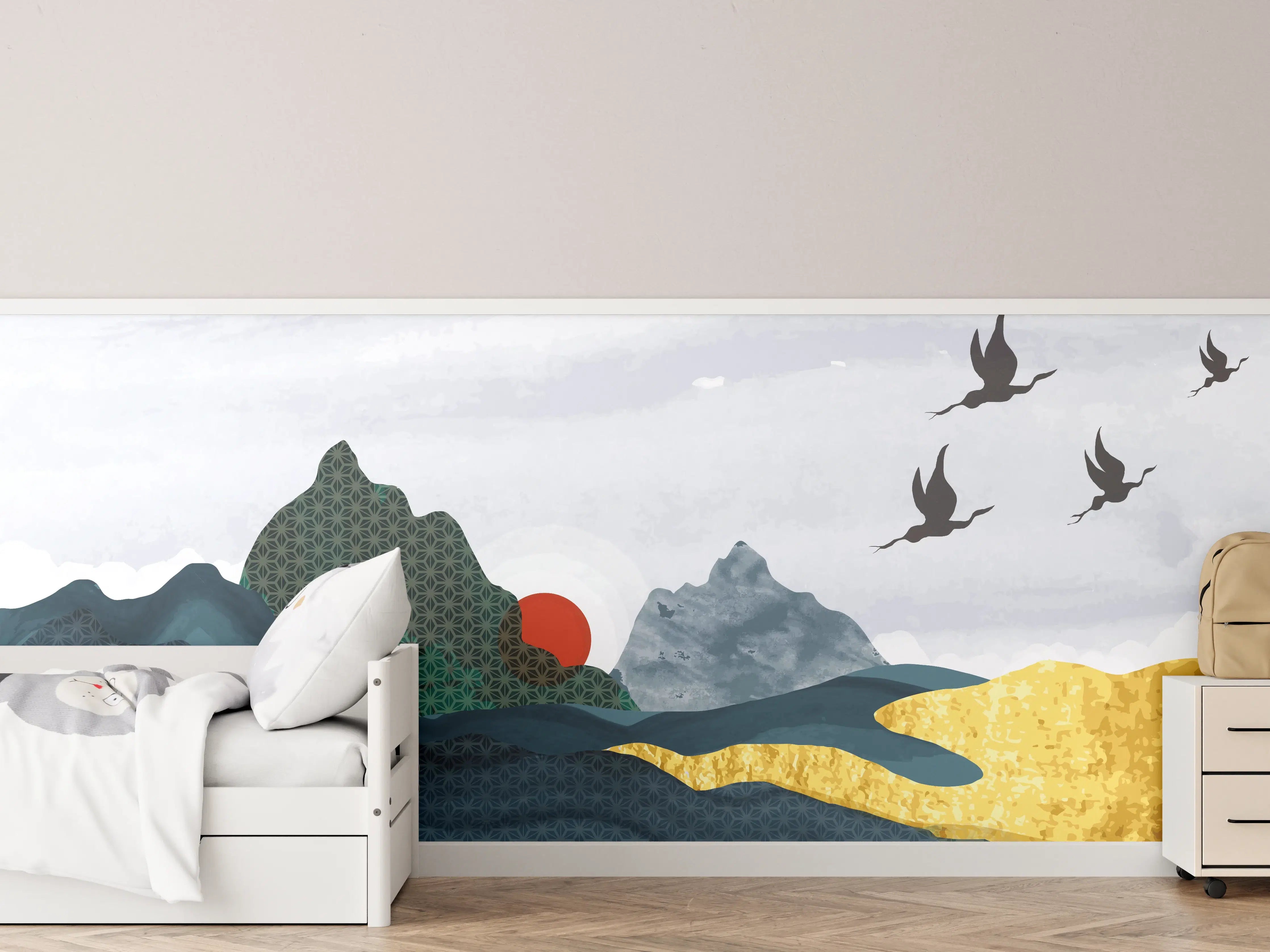 Kinderzimmer Wandgestaltung - Stilvolle Berglandschaft bei Sonnenuntergang