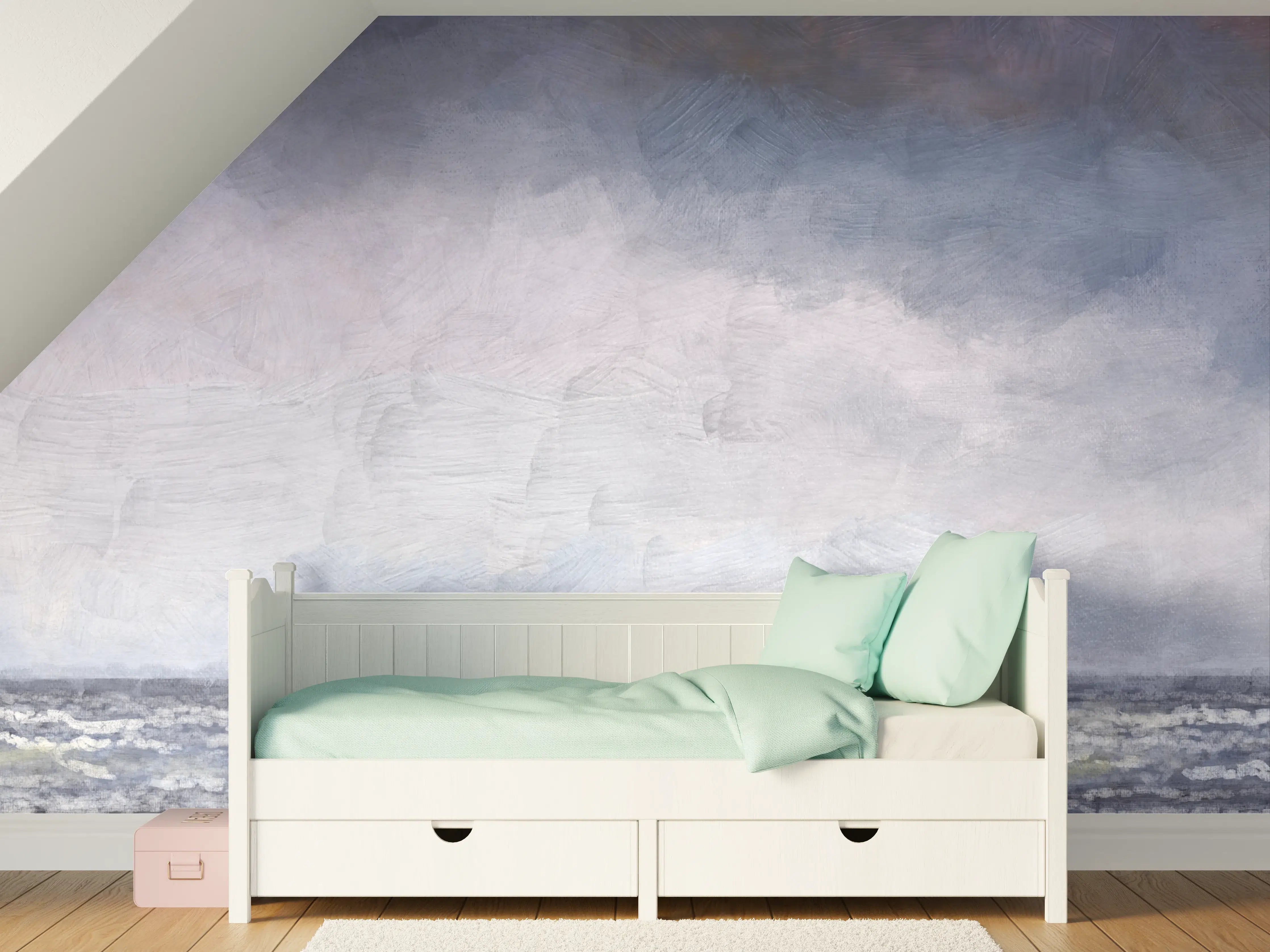 Kinderzimmer Wandgestaltung - Stimmungsvoller Himmel über Meer mit Grau- und Blautönen